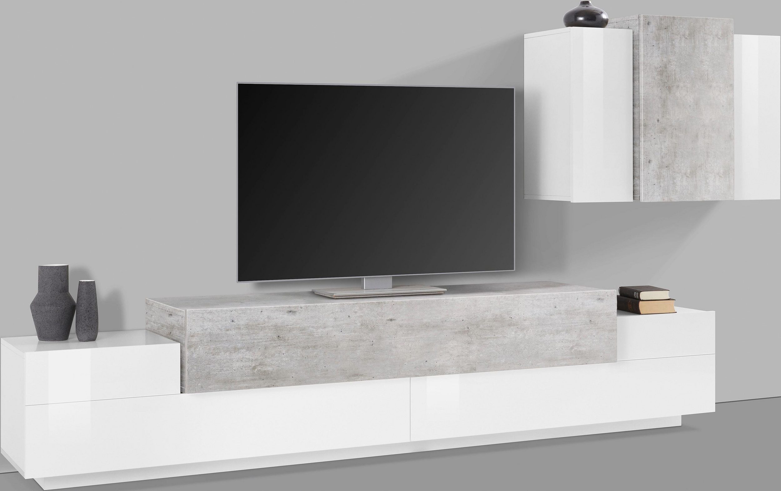 freiraum Wohnwand Corona, (2-teilig), (2-teilig) in Weiß/Beton - 240x51,5x45cm (BxHxT)