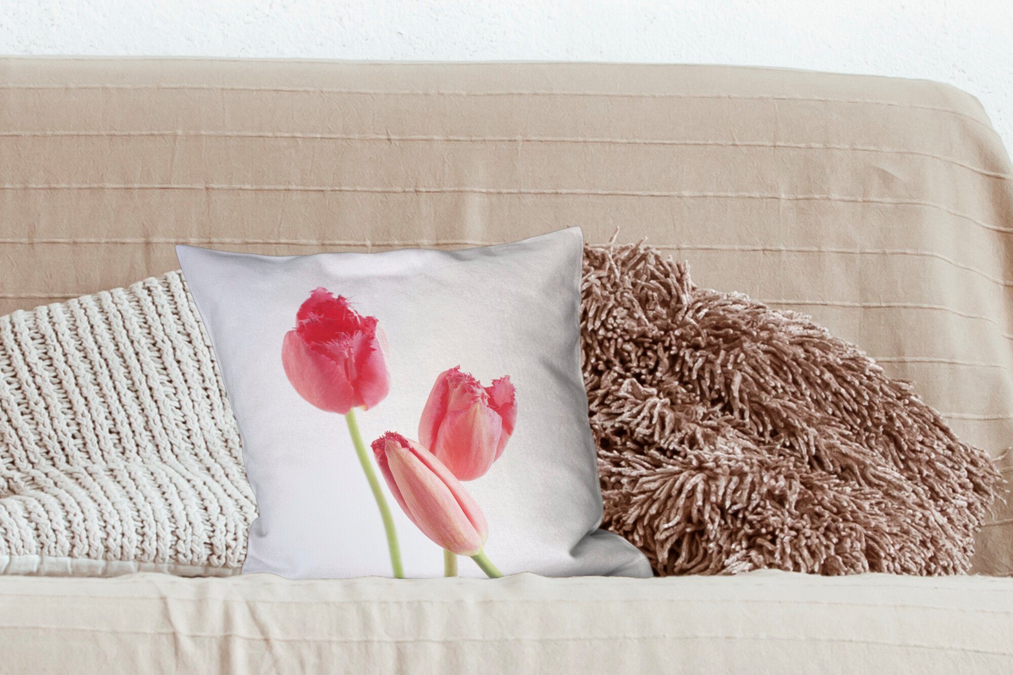 Wohzimmer, Schlafzimmer, rosa für Tulpen, mit Füllung Zierkissen Sofakissen Drei Dekokissen MuchoWow Deko,