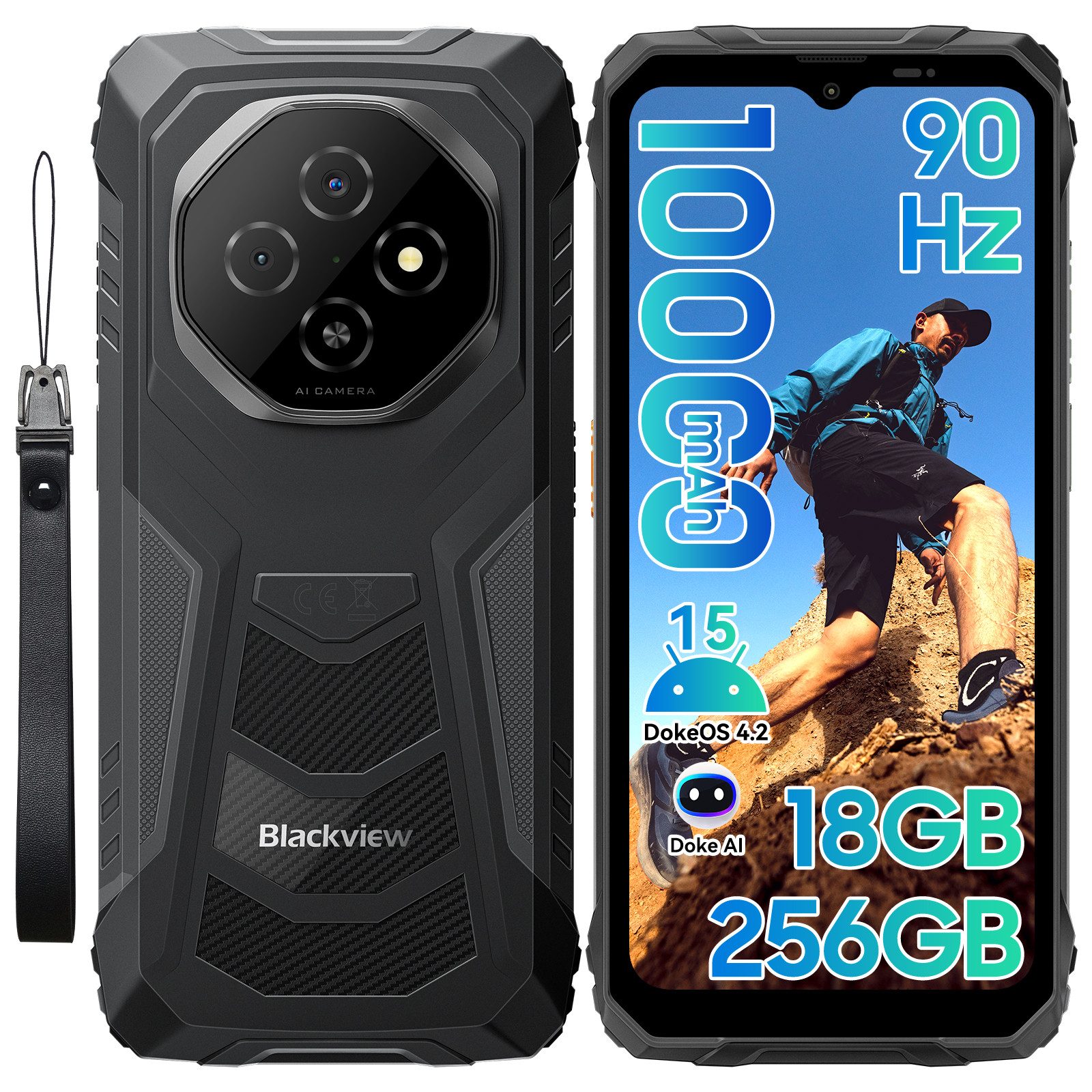 blackview FORT 1 Android 15, AI, Outdoor Smartphone (256 GB Speicherplatz, 6.56”, 90Hz, fingerprint, NFC,10000mAh, 18W)