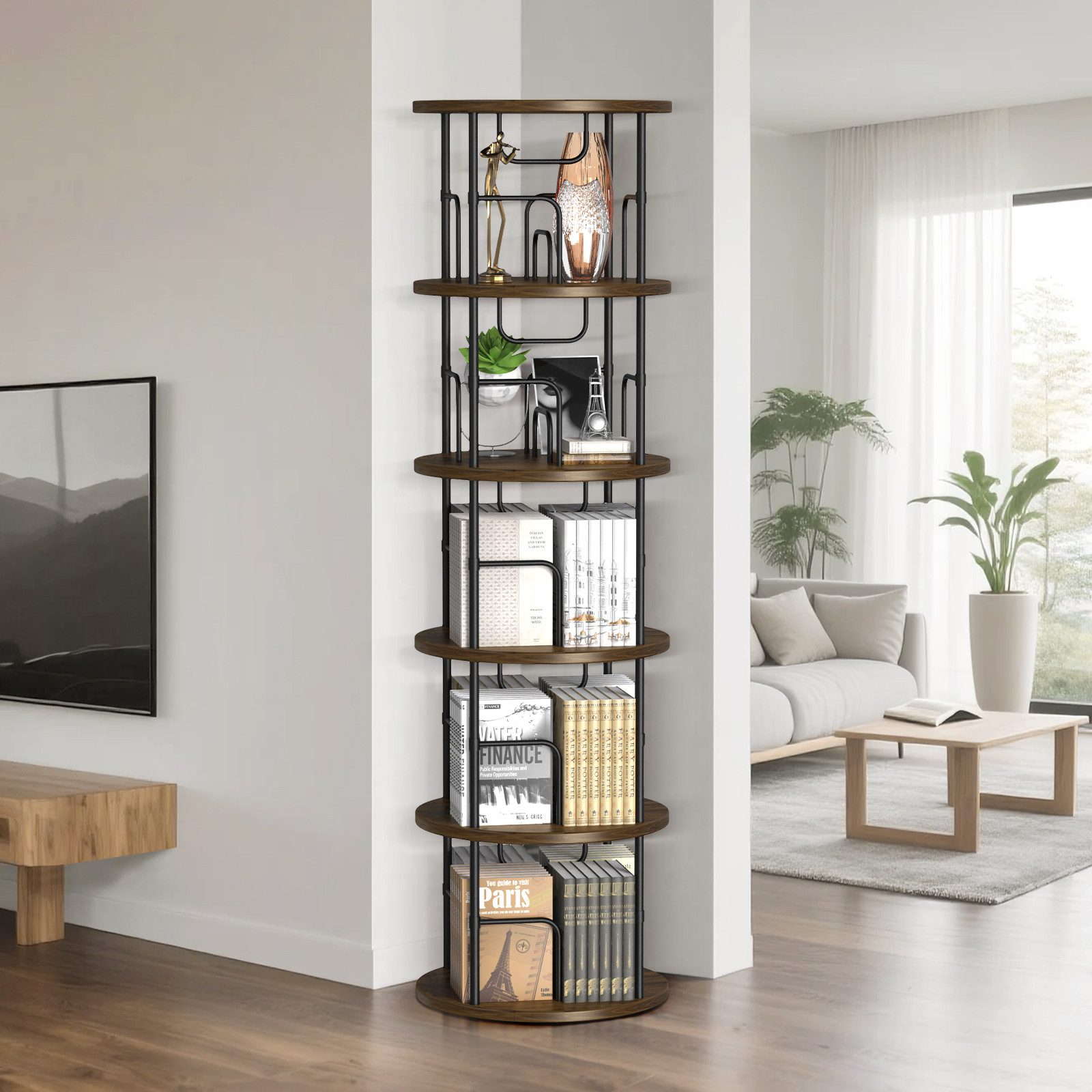 XERSEK Bücherregal 360° Drehbares Bücherturm 5 Ebenen Freistehend Standregal Holzmaserung, Bookshelf Aufbewahrungsregal Eckregal Spielzeugregal, für Kinderzimmer Wohnzimmer Schlafzimmer Büro Aufbewahrung