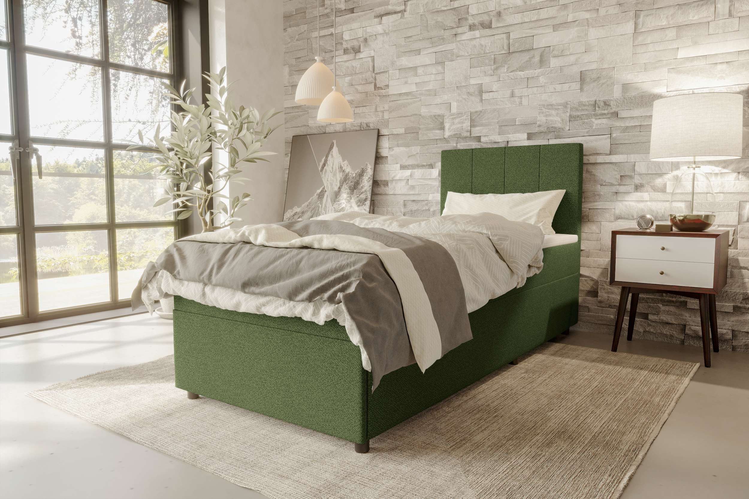 99rooms Boxspringbett Kira Mini (Schlafzimmerbett, Bett), 90/120x200 cm, in Strukturstoff NEVE, Topper, Stauraum als Frontauszug