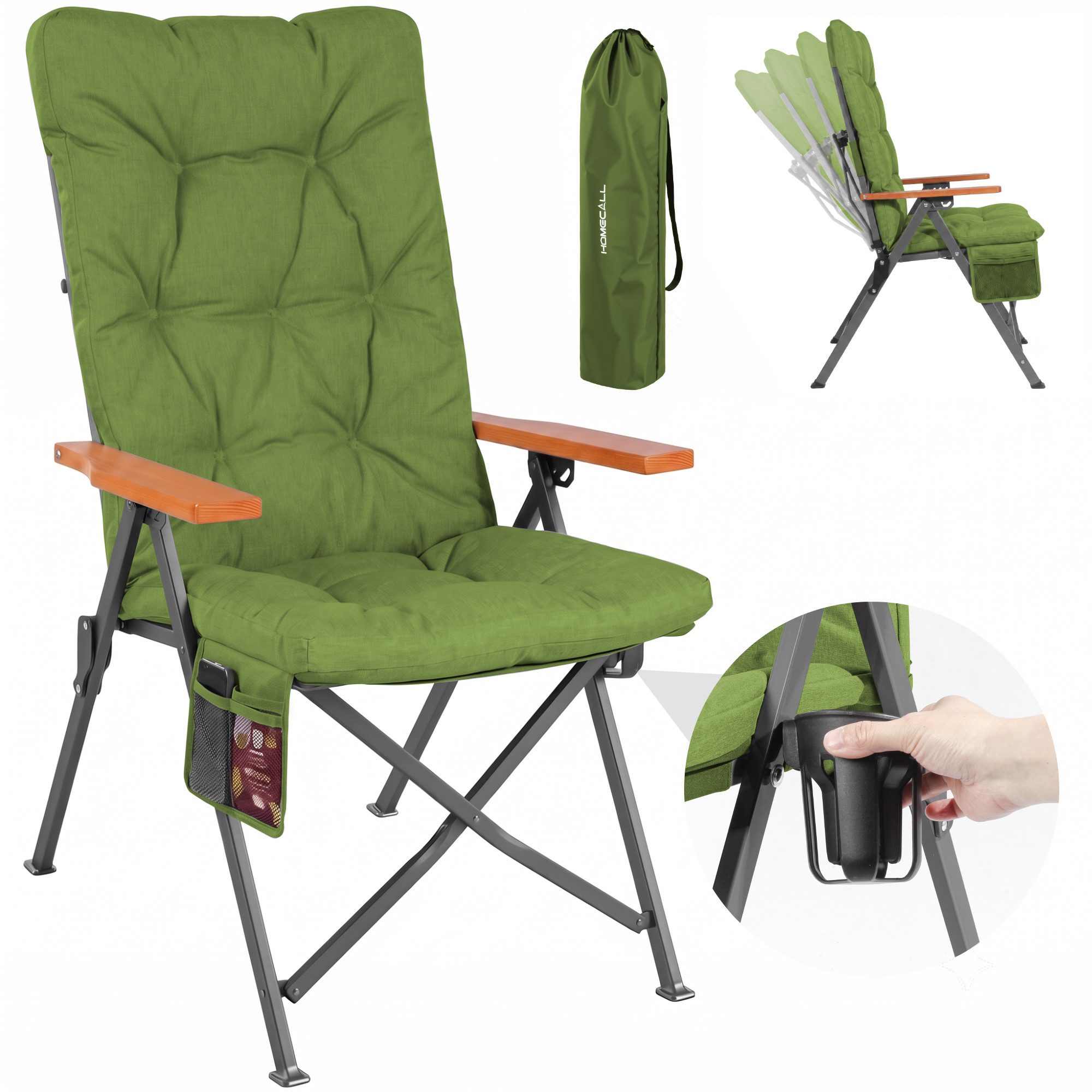 HOMECALL Campingstuhl Faltbar Hochlehner Luxus Klappstuhl mit 4,5cm Dicke Gepolstert (150kg Belastbar mit 4 Positionen Verstellbar Angelstuhl, 1 St), für Garten Balkon Wohnmobil