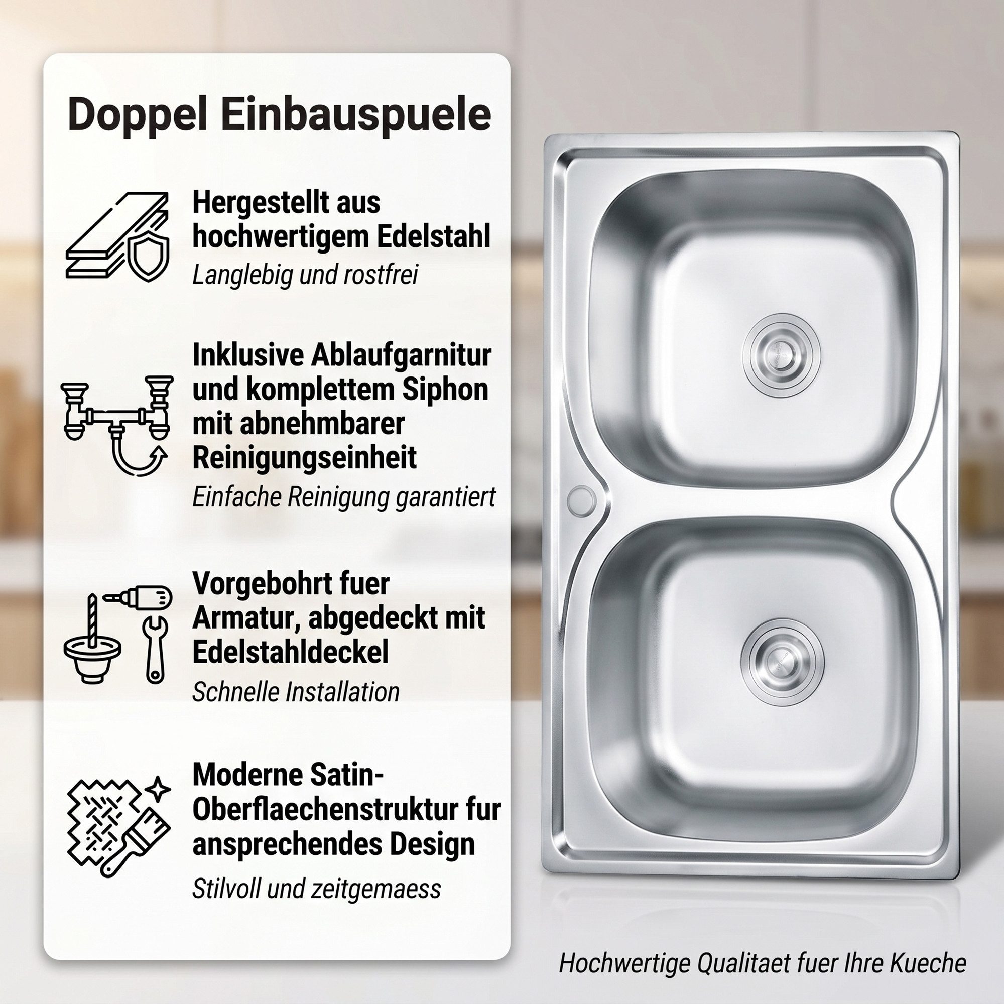 Mucola Einbauspüle Doppelspülbecken Einbauspüle Edelstahlspüle Spüle 2 Becken + Zubehör, Rechteckig, 80/50 cm, 2 Becken, (Stück, 1 St., 1 x Doppelspüle aus Edelstahl + XXL Zubehör Paket), Edelstahl