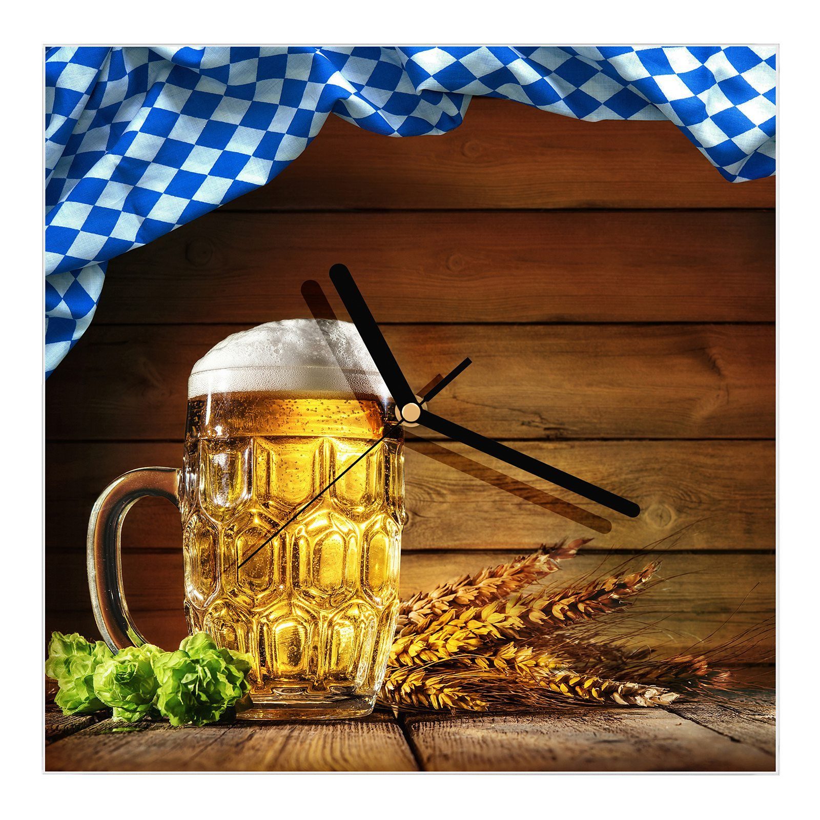 Qualitätskontrolle Primedeco Wanduhr Glasuhr x Oktoberfestoptik in Bier Wandkunst Größe mit 30 Wanduhr Motiv 30 cm