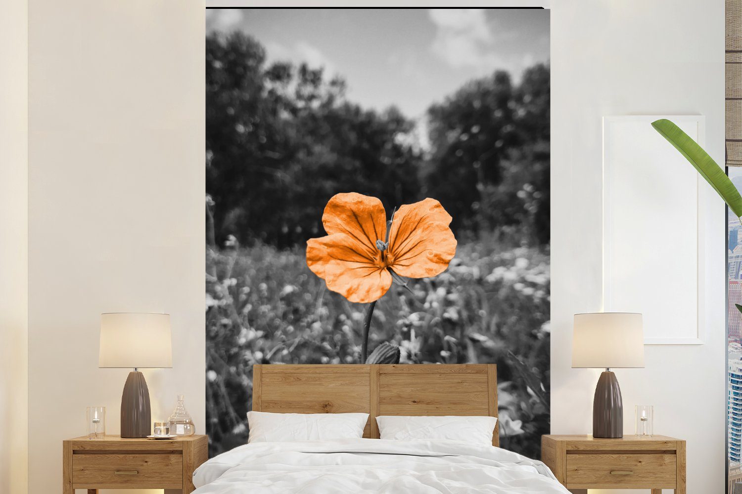 Sie können bis zu sparen MuchoWow Fototapete Blumen Montagefertig Vinyl Weiß Wandtapete St), Wohnzimmer, Orange, - bedruckt, - - Matt, Tapete Schwarz für (3