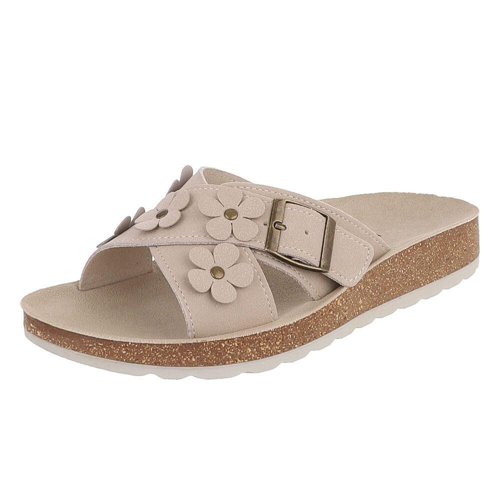 Ital-Design Damen Pantolette mit Blüten-Details und Schnalle Pantolette (92002759) Flach Pantoletten in Beige