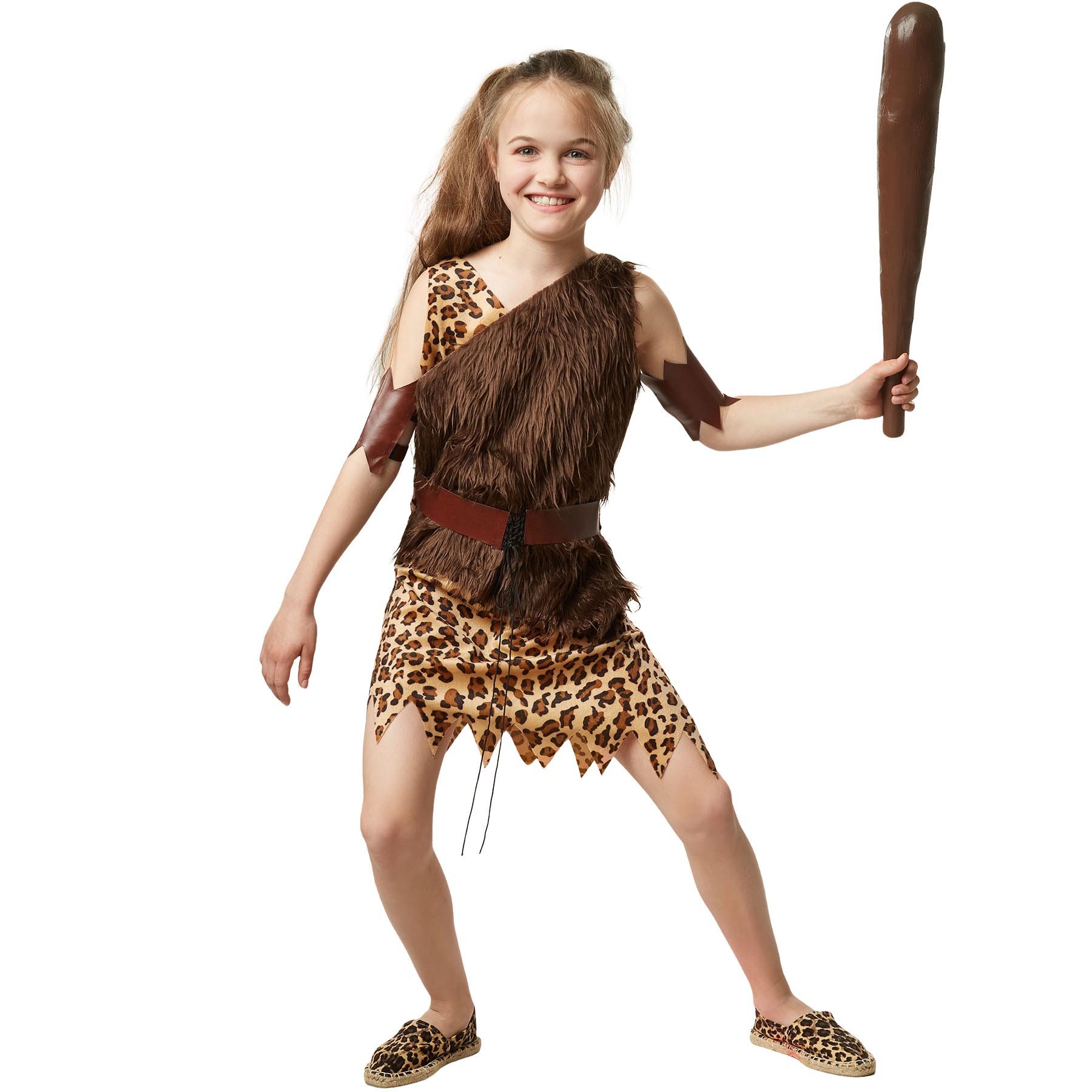 dressforfun Kostüm Höhlenfrau/Urzeitjägerin, in braun gemischt, Gr. 152 (11-12 Jahre), Armmanschetten aus Lederimitat, Ärmelloses Kleid mit Leopardenmuster