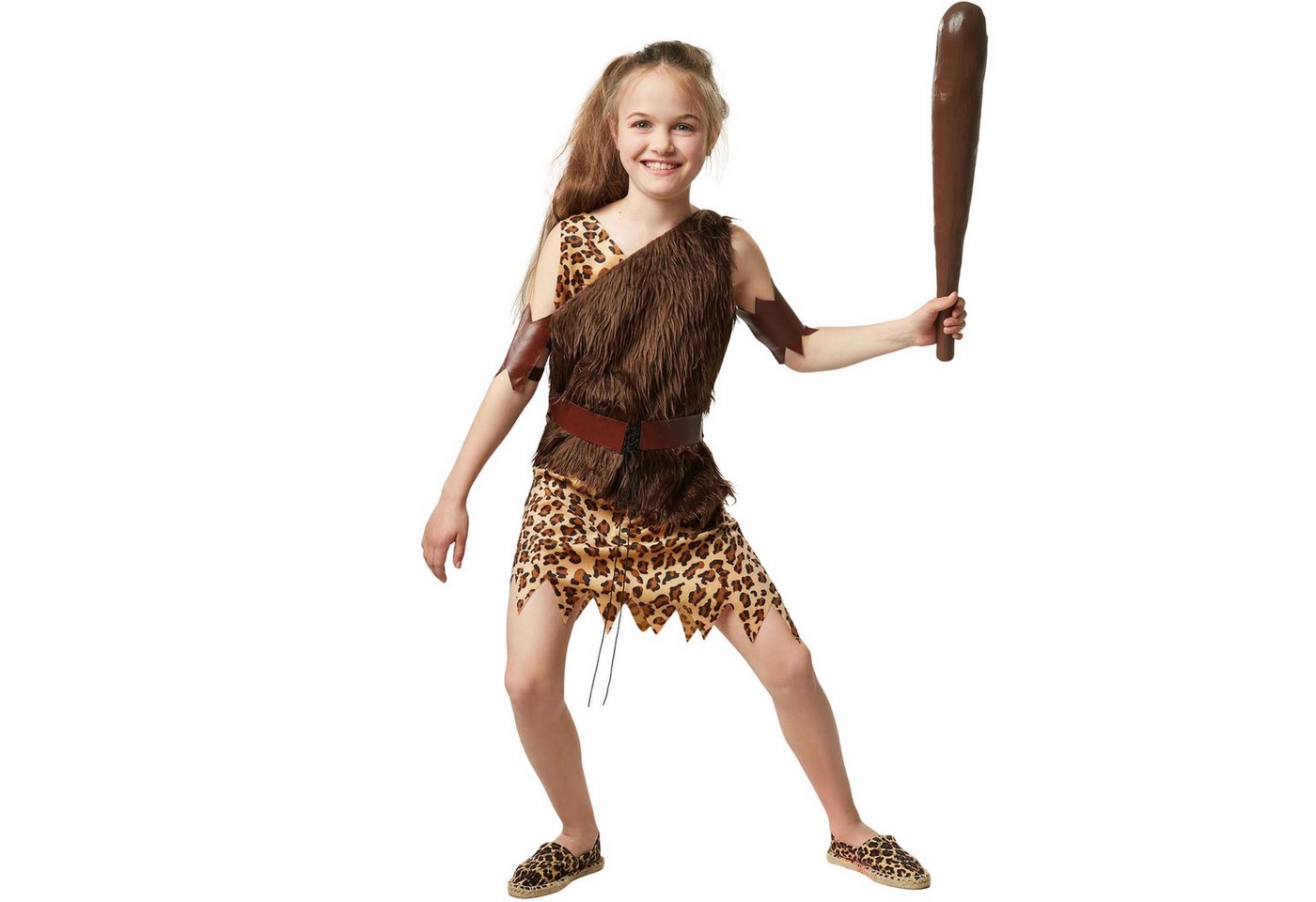 dressforfun Kostüm Höhlenfrau/Urzeitjägerin, in braun gemischt, Gr. 140 (9-10 Jahre), Armmanschetten aus Lederimitat, Ärmelloses Kleid mit Leopardenmuster
