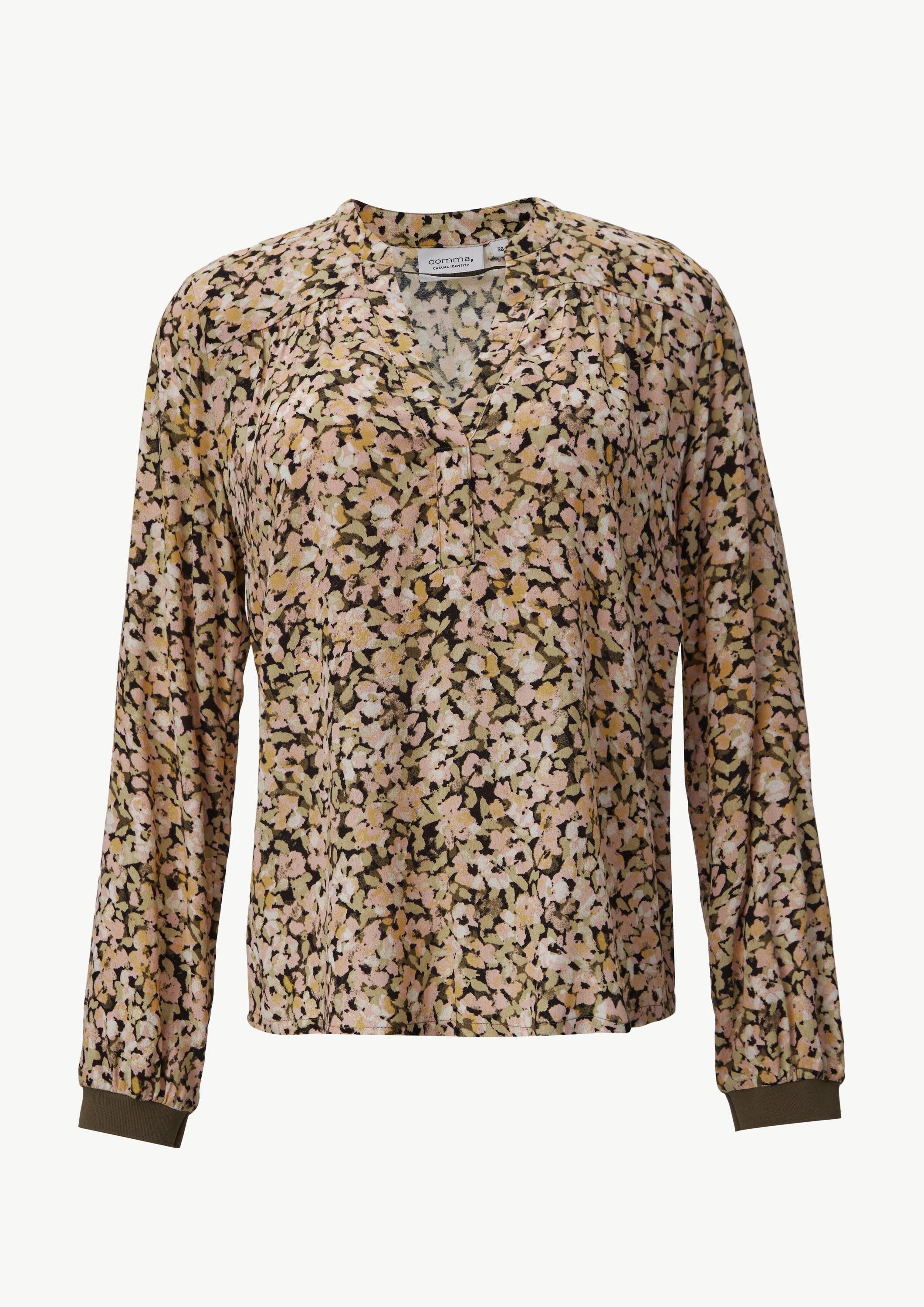 comma Langarmbluse Bluse Floral gemusterte Bluse aus Crêpe mit Rippdetail