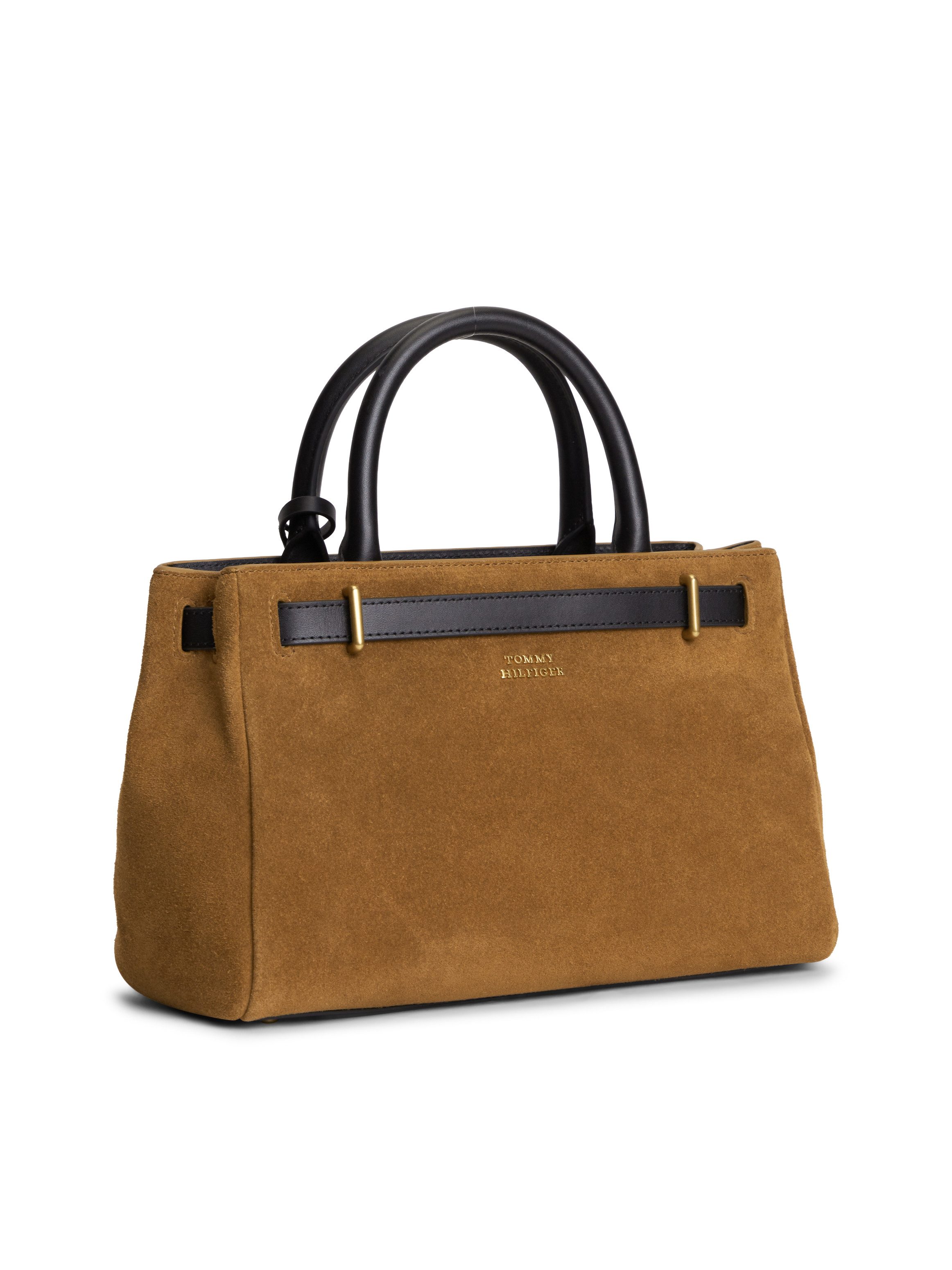 Tommy Hilfiger Handtasche AMERICAN ICON MINI TOTE SUEDE LE, Damen Schultertasche, Umhängetasche mit TH-Schloss-Schmuckanhgänger
