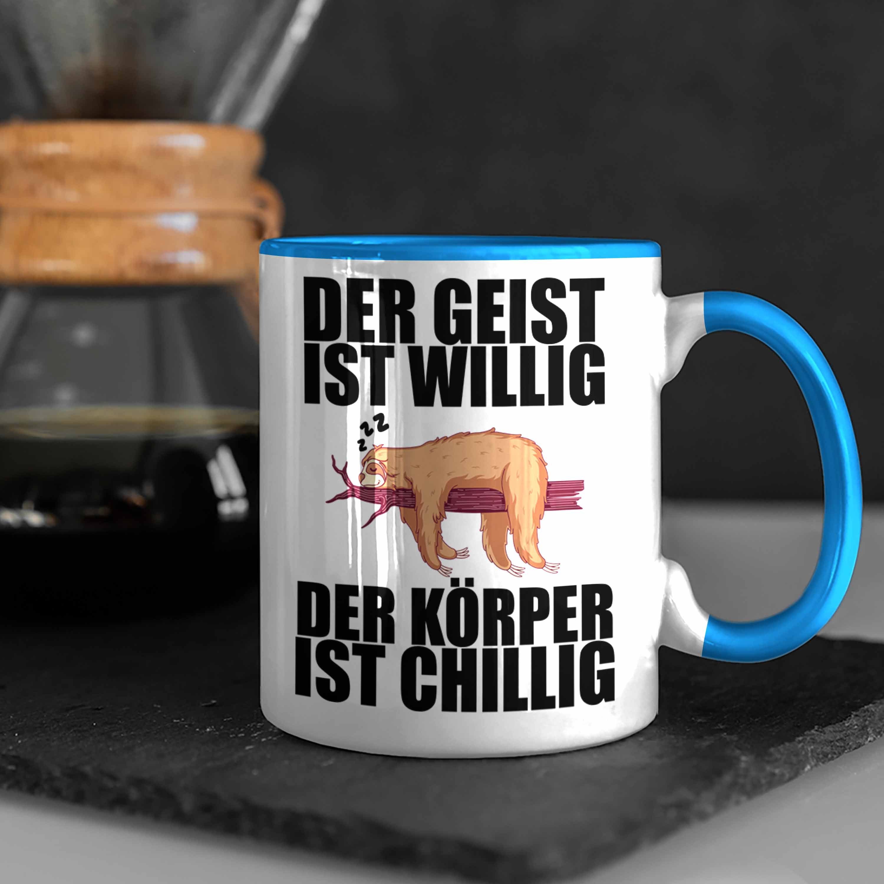 Trendation Tasse Trendation Geschenk Mitarbeiter Spruch Tasse Blau Arbeitskollege - Büro Lustige mit Faultier