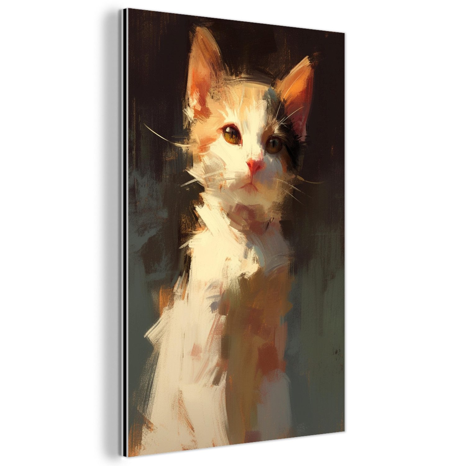 MuchoWow Metallbild Katze - Gemalt - Künstlerisch - Weiß, Inkl. Aufhängung, Alu-Dibond-Druck, Dekoration aus Metall, Aluminium deko, 80x120 cm