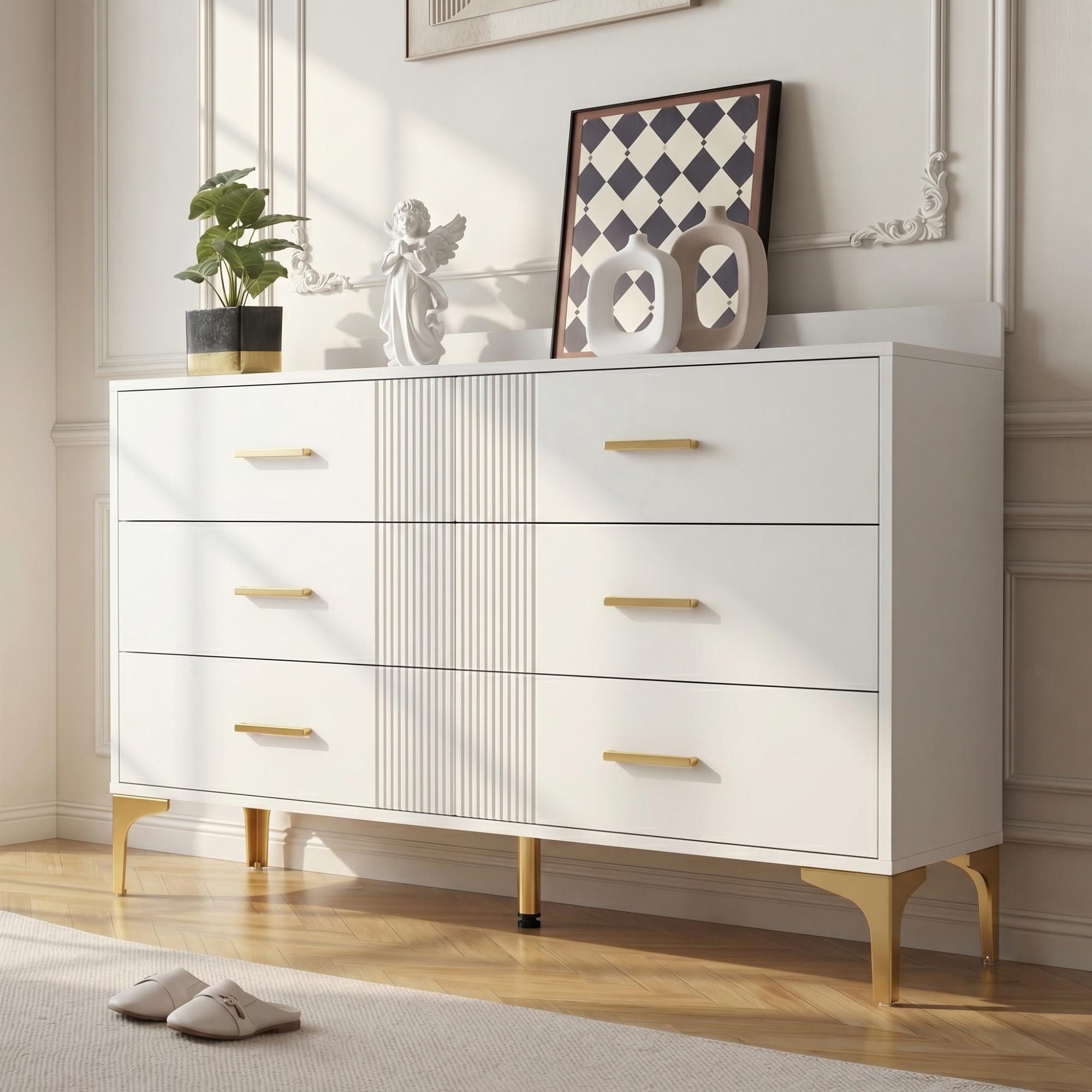 Merax Sideboard mit 6 Schubladen (1 St., Aufbewahrungsschrank Schrank für Wohnzimmer Schlafzimmer Flur), Kommode mit Wellenfront und Metallfüßen, Buffet, H76/B120/T40 cm