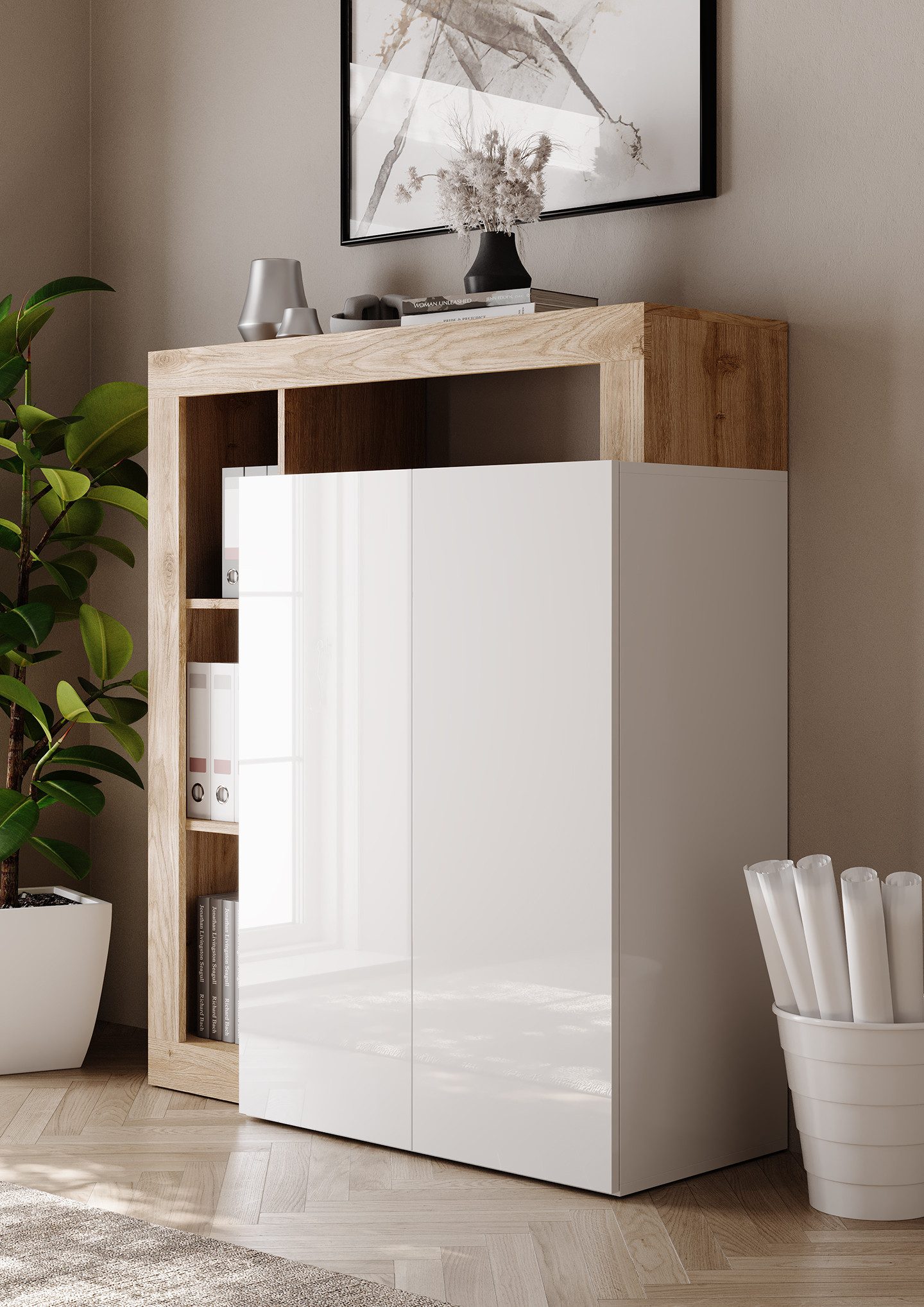 Home affaire Sekretär Hamburg Breite 108 cm, Höhe 126 cm, 2 Türen, PC-Schrank, Home-Office, dekorativer Rahmen, Tastaturauszug, Stauraum, Multifunktional – Bild 5 von 5