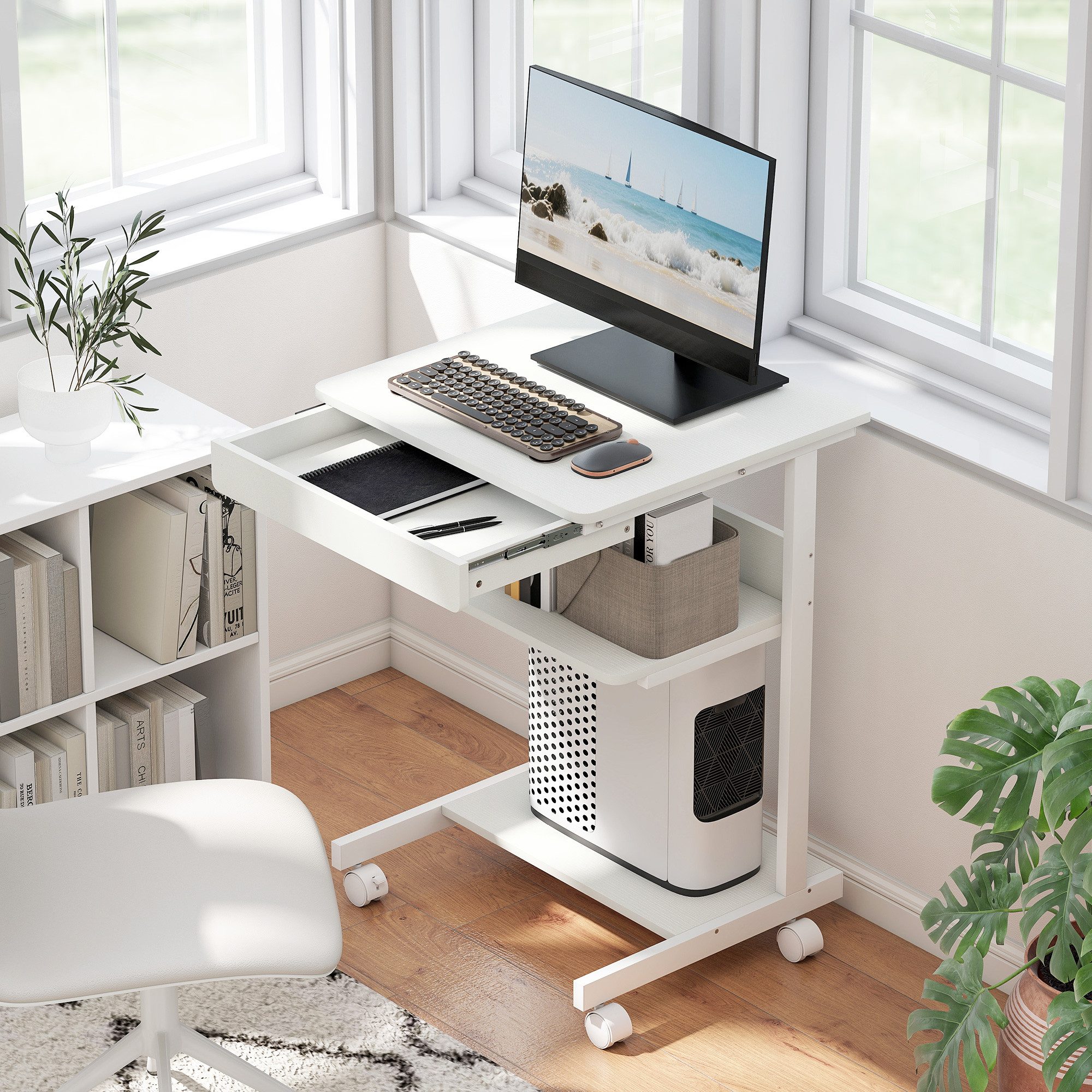 HOMCOM Schreibtisch Schreibtisch (Bürotisch, 1-St., Schreibtisch), Mit Rollen und Stauraum, Kompakt