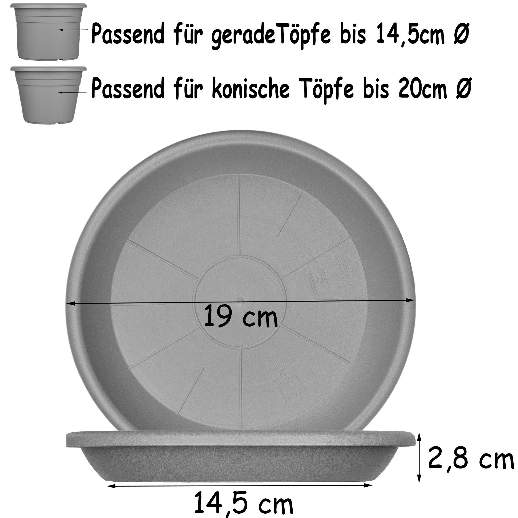 BigDean Blumentopfuntersetzer für Pflanzkübel Kunststoff rund, Zubehör für Pflanztöpfe, Packung, 3-tlg., Bodendurchmesser außen: ca. 19 cm Farbe: Anthrazit – Bild 5 von 5