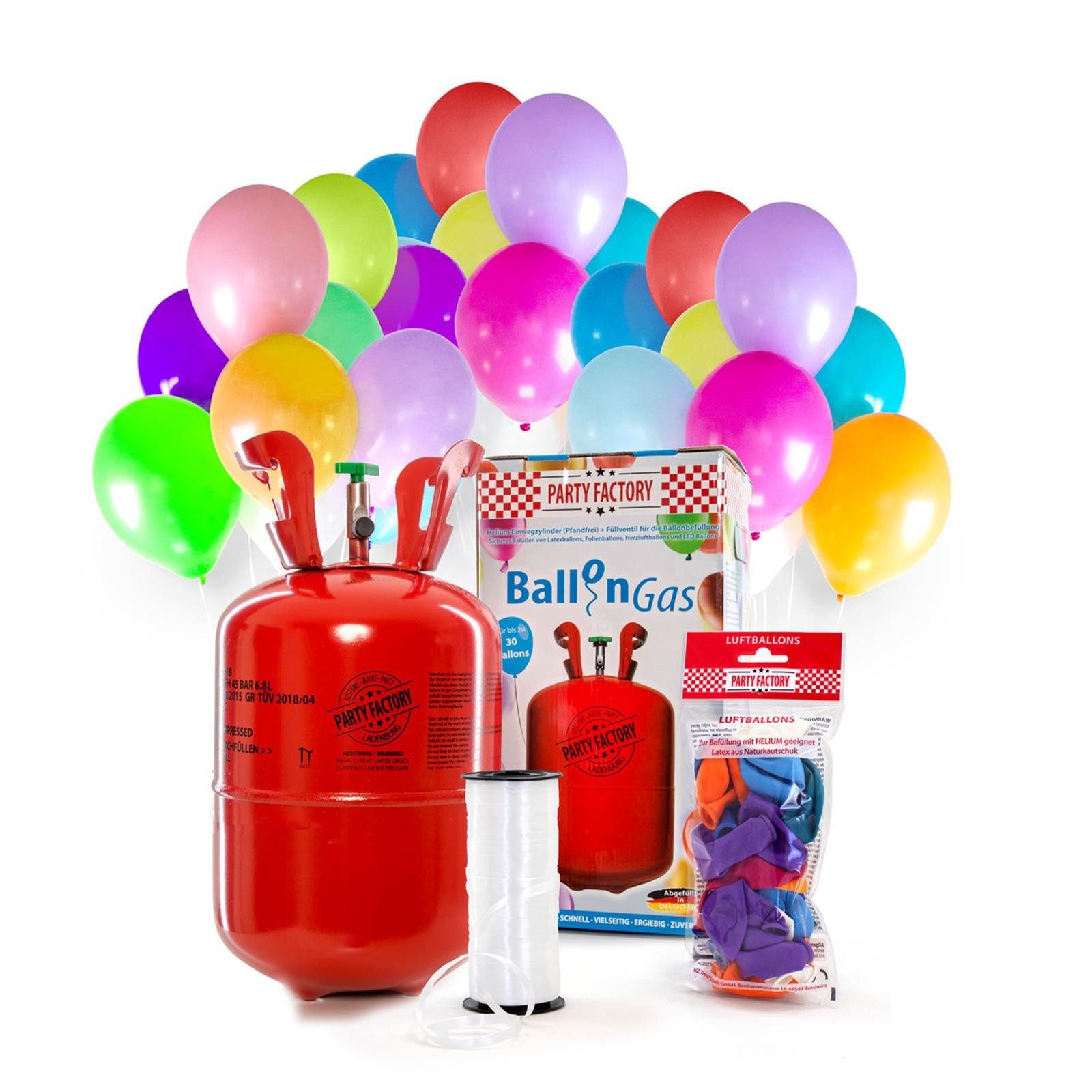 Party Factory Helium Ballongas Helium im Set mit 30 Luftballons 200l, Helium Flasche, Helium-Gas, Ballongas, Helium-Set, Einwegflasche