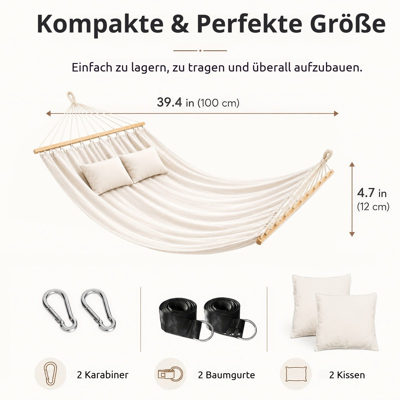 BlingBin Hängematte 2-Personen XXL Doppelhängematte mit Holzspreizstäben & 2 Kissen (1er Set, 1 St., 200*150cm), bis 240 kg Tragkraft für Garten und Balkon