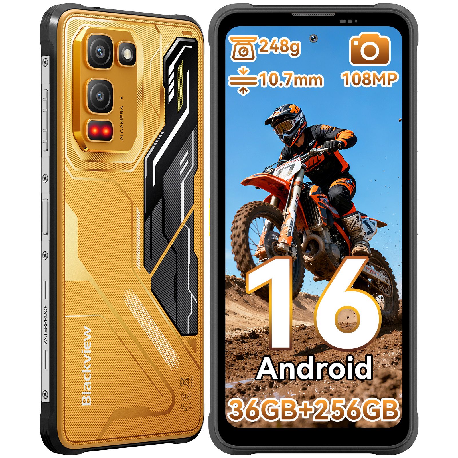 blackview FORT 5 Android 16, 108 MP Hauptkamera, AI Outdoor Handy (6,78 Zoll, 256 GB Speicherplatz, 108 MP Kamera, Amdroid 16, 108MP, 120Hz, IP68/IP69K, NFC, Night vision)