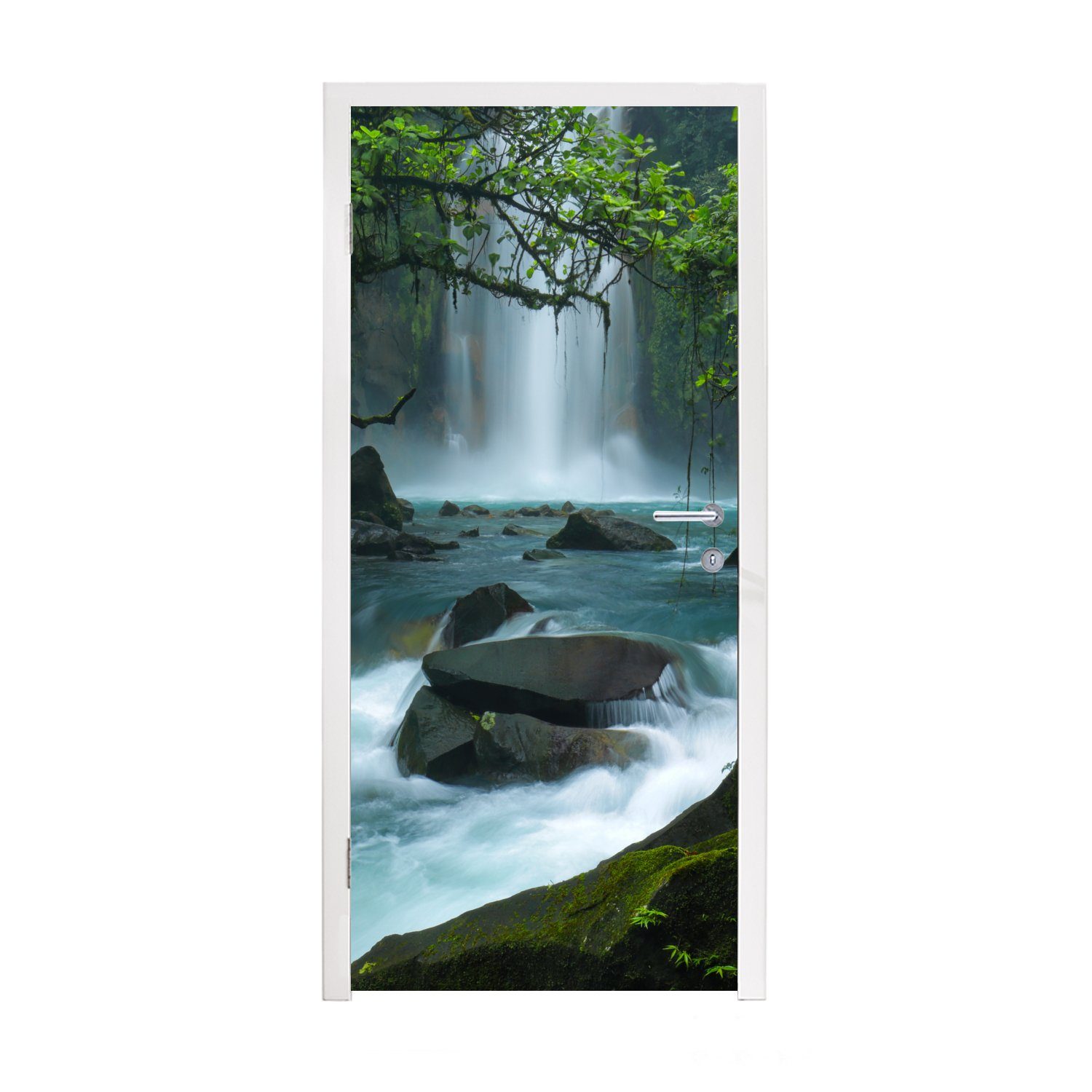 MuchoWow Türtapete Leuchtend blauer Wildfluss St), Rica, Matt, und 75x205 im Costa cm für Türaufkleber, Fototapete Wasserfälle bedruckt, Tür, Regenwald von (1