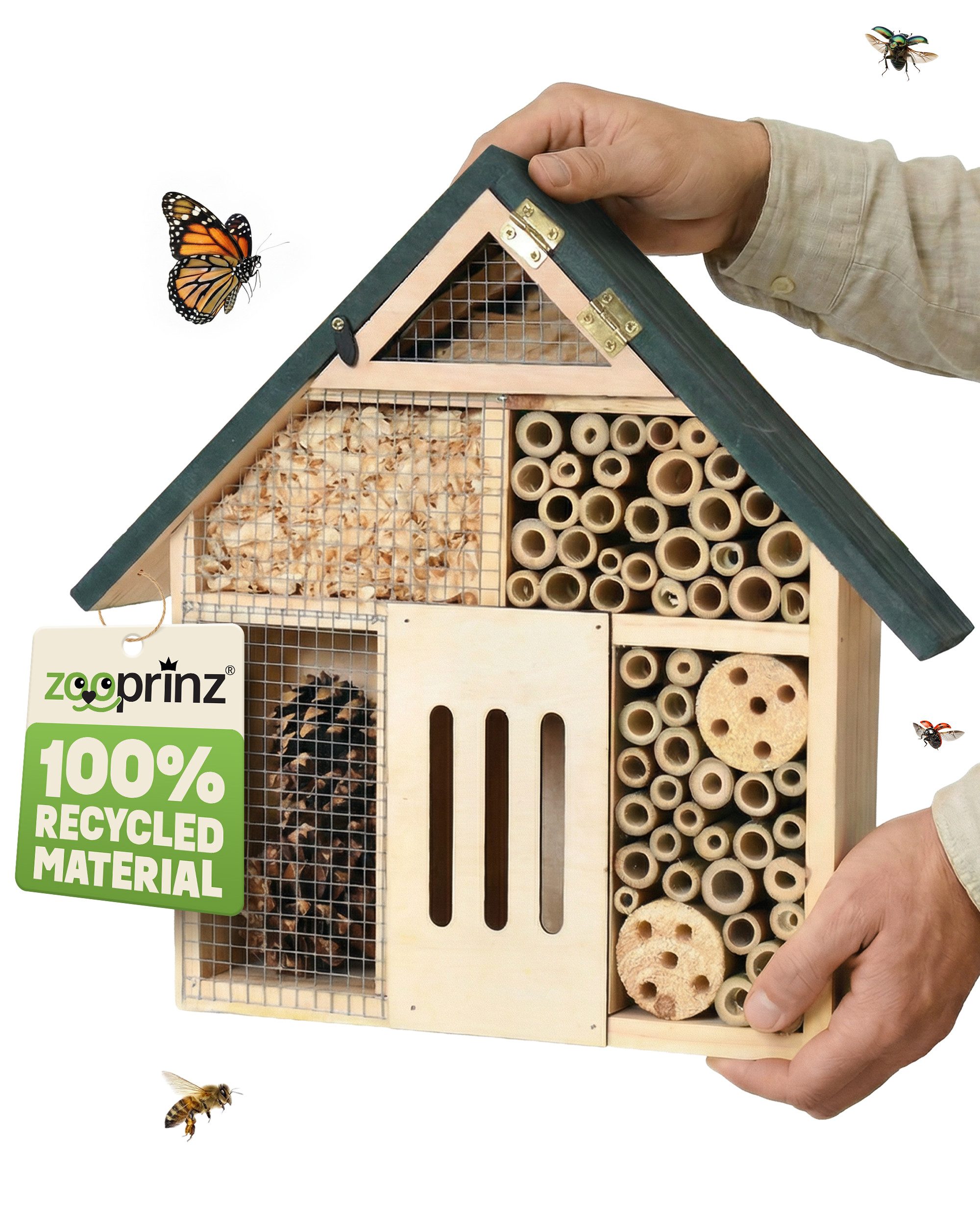 Zooprinz Insektenhotel Insektenhaus zum Aufhängen XXL 28,5 x 41 cm Vollholz, Tannenzapfen, Bambus, Holzspäne, Holzschlitz, Holz mit Löchern