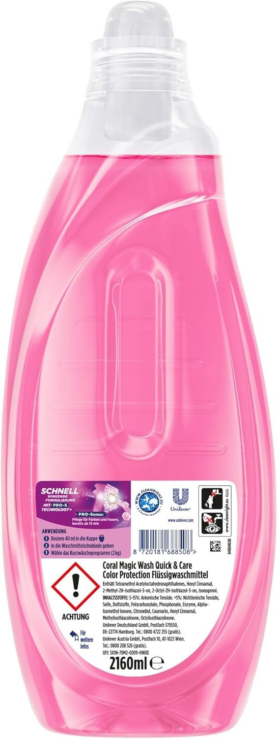 Coral 1x Magic Wash Quick & Care Color Protection Flüssigwaschmittel 54 WL Colorwaschmittel (1-St. für 15 Minuten Kurzwäsche mit PRO-S Technologie)