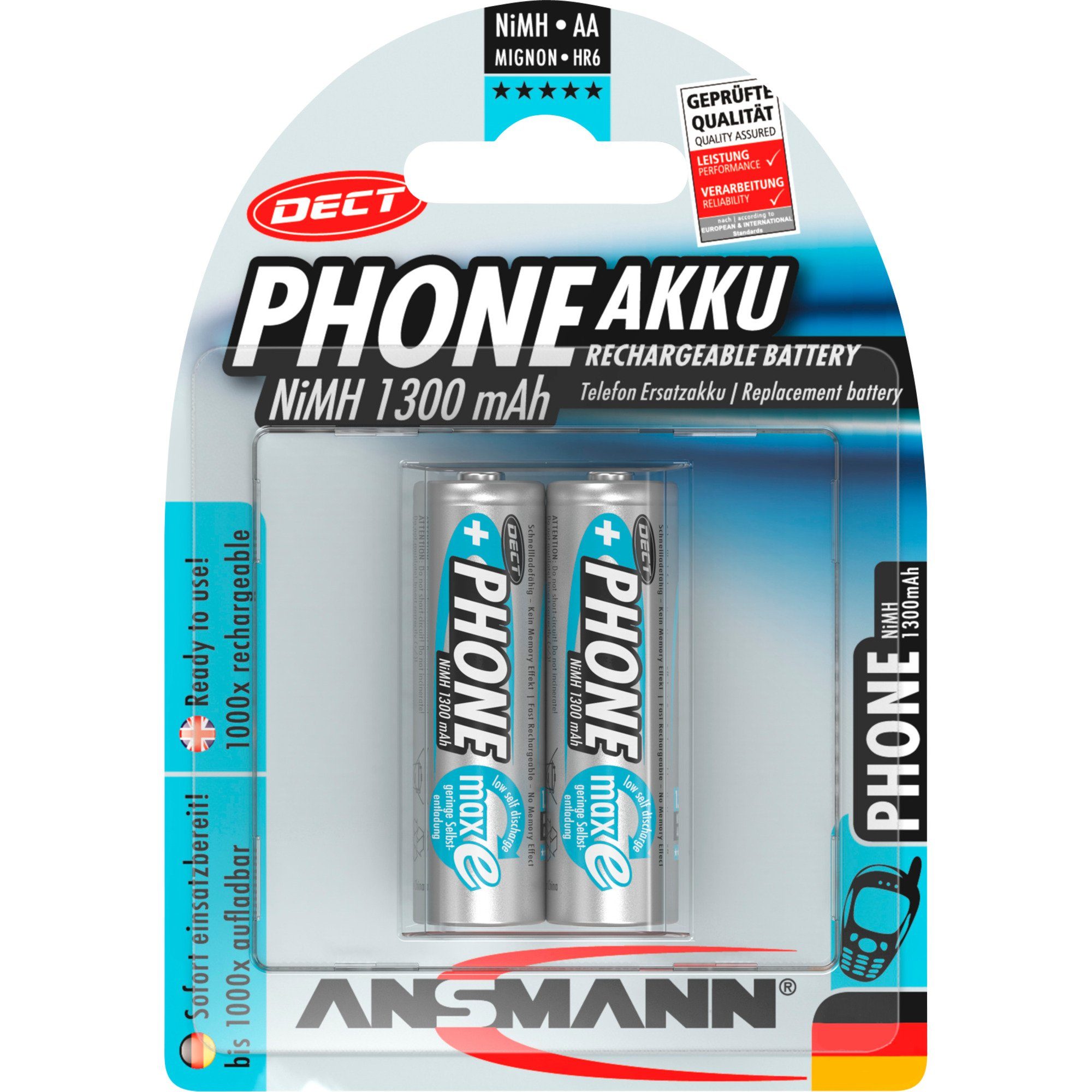 ANSMANN AG Ansmann 1300mAh DECT, Akku, (2x AA (Mignon) Akku 1300 mAh (1,2 V V)