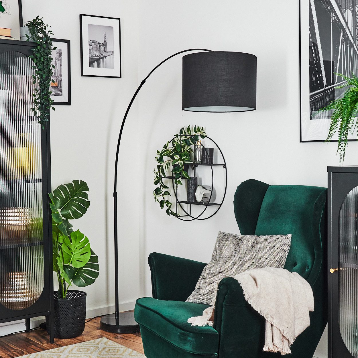 hofstein Bogenlampe Stehlampe mit Marmorfuß aus Metall/Stoff in Schwarz/Weiß, verstellbare Stehleuchte im modernen Design, Ø 40 cm, Fußschalter, E27