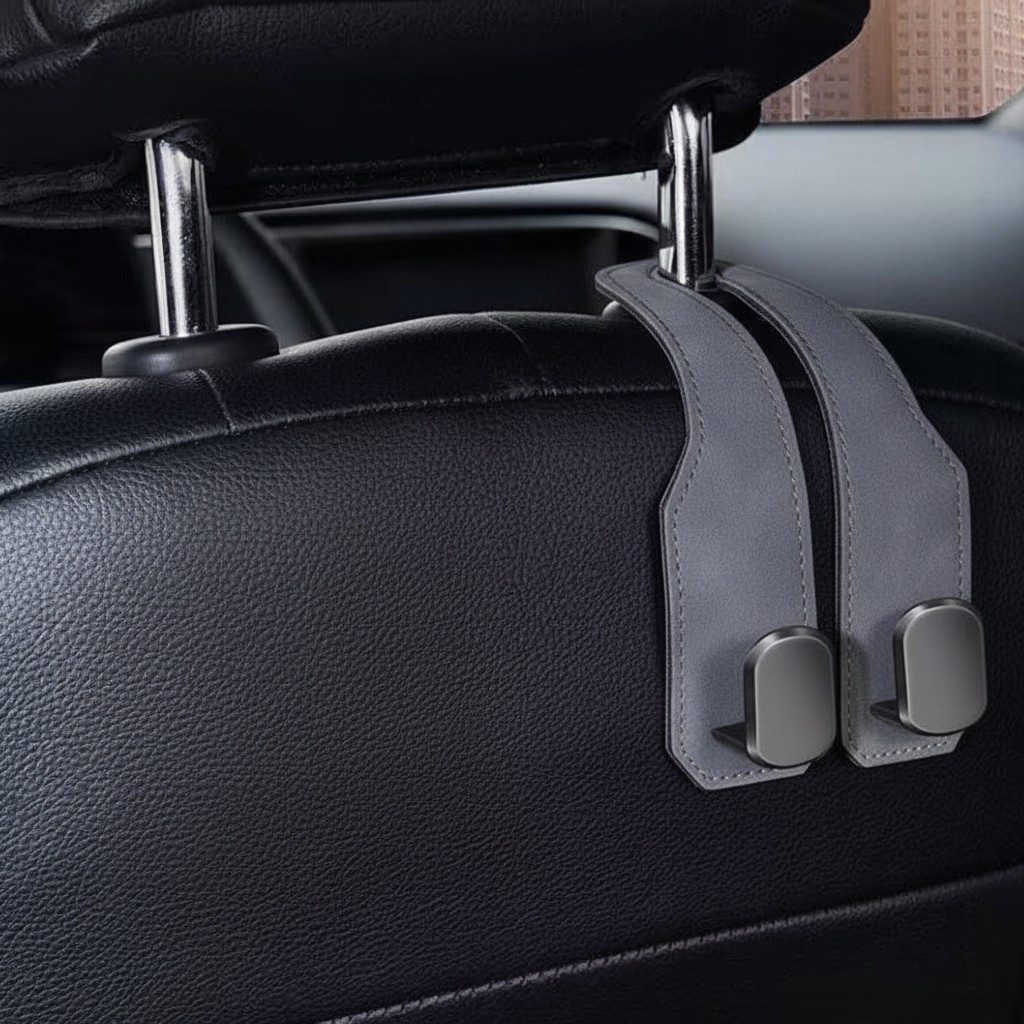 KARMA Doppelhaken Kopfstützenhaken Auto Grau aus Kunstwildleder, 17,5 cm, Auto Kopfstützen, (1-St., Befestigung ohne Werkzeug), Taschenhalter für Handtasche Rucksack und Einkaufstüte