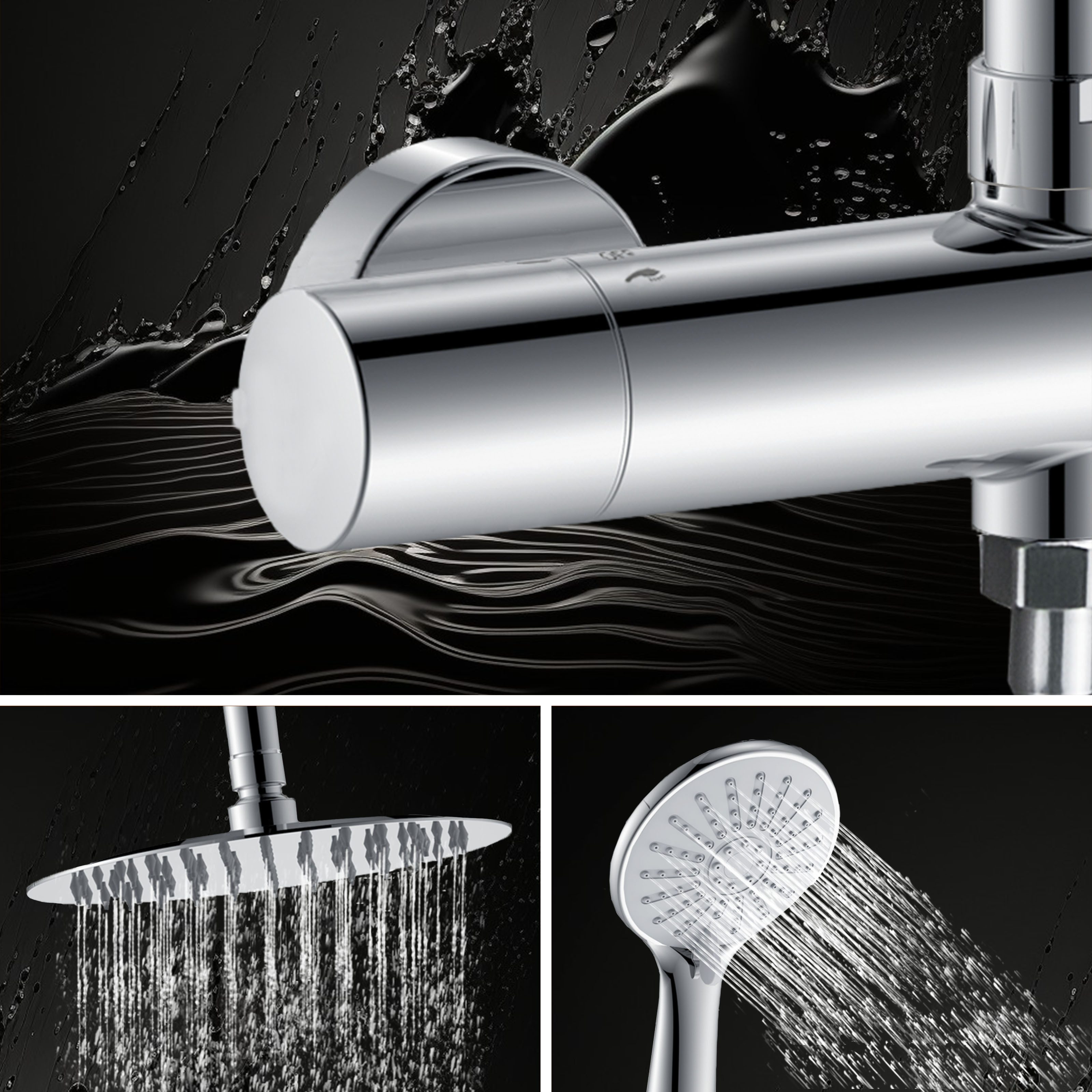 Aica Sanitär Duschsystem Thermostat Duscharmatur Regendusche Duschset mit Handbrause Massage, Set, Brauseschlauch mit Verdrehschutz