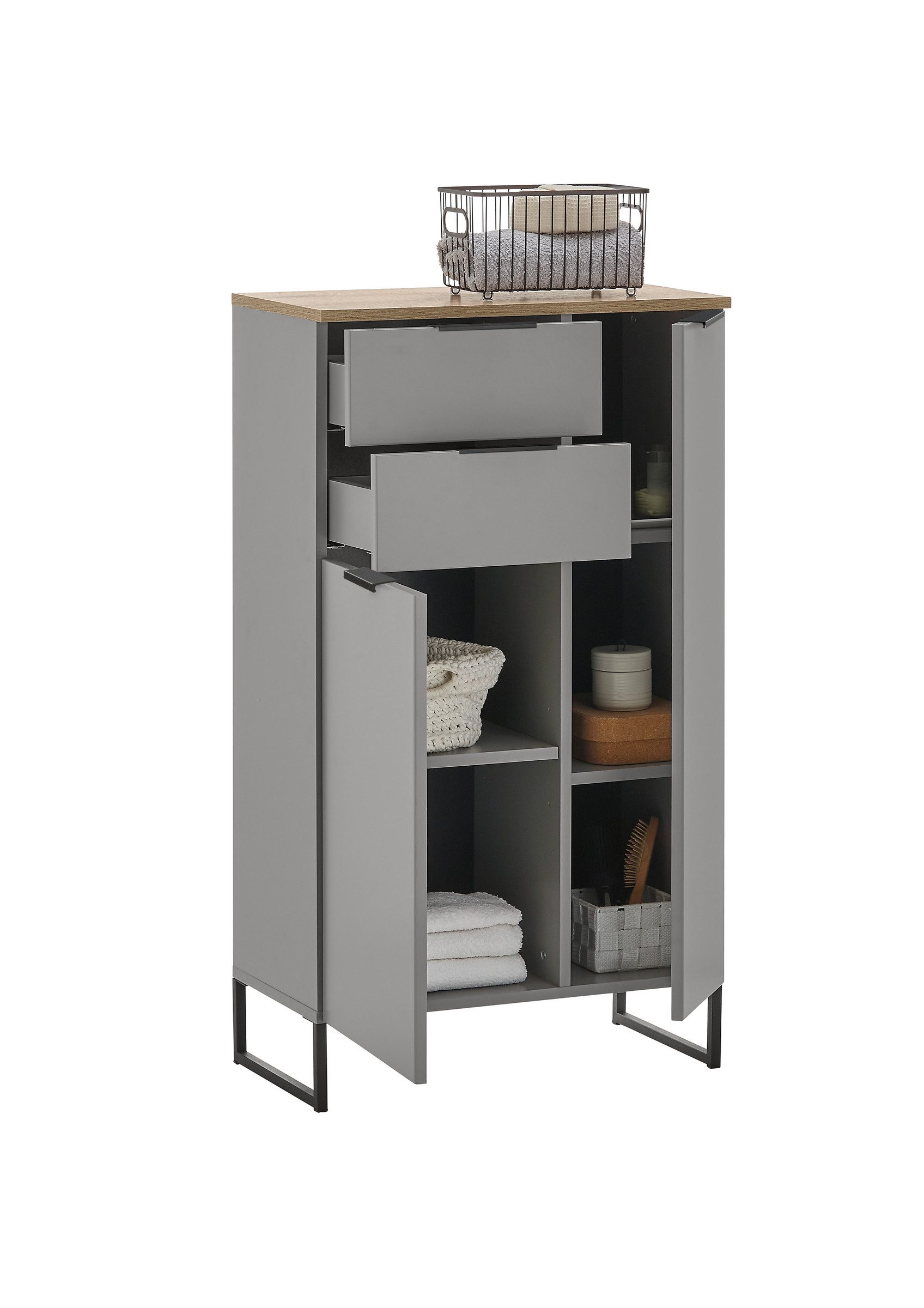 PREISBRECHER Badkommode Denver, 2 Türen/Schübe, grau matt / evoke eiche - 60x106x32 (BxHxT)
