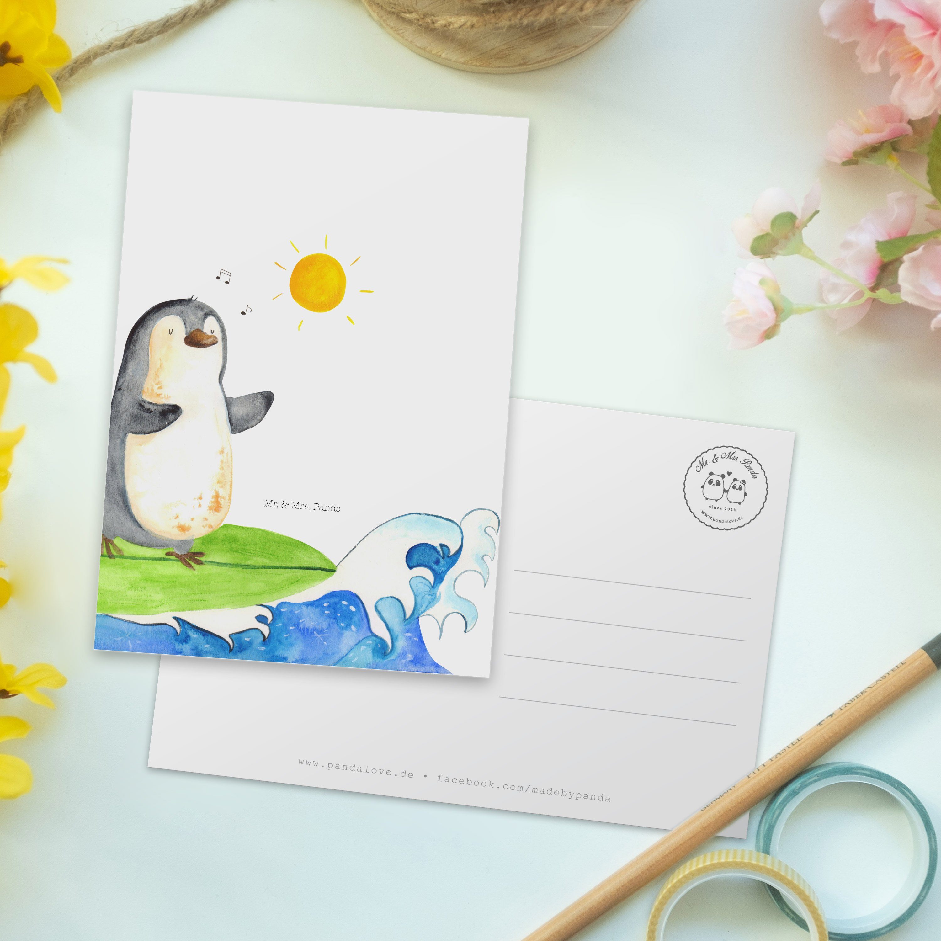 Grußkarte, Karte, Postkarte Hawaii, & G Weiß - Mrs. Mr. Wellen, Pinguin - Panda Surfer Geschenk,