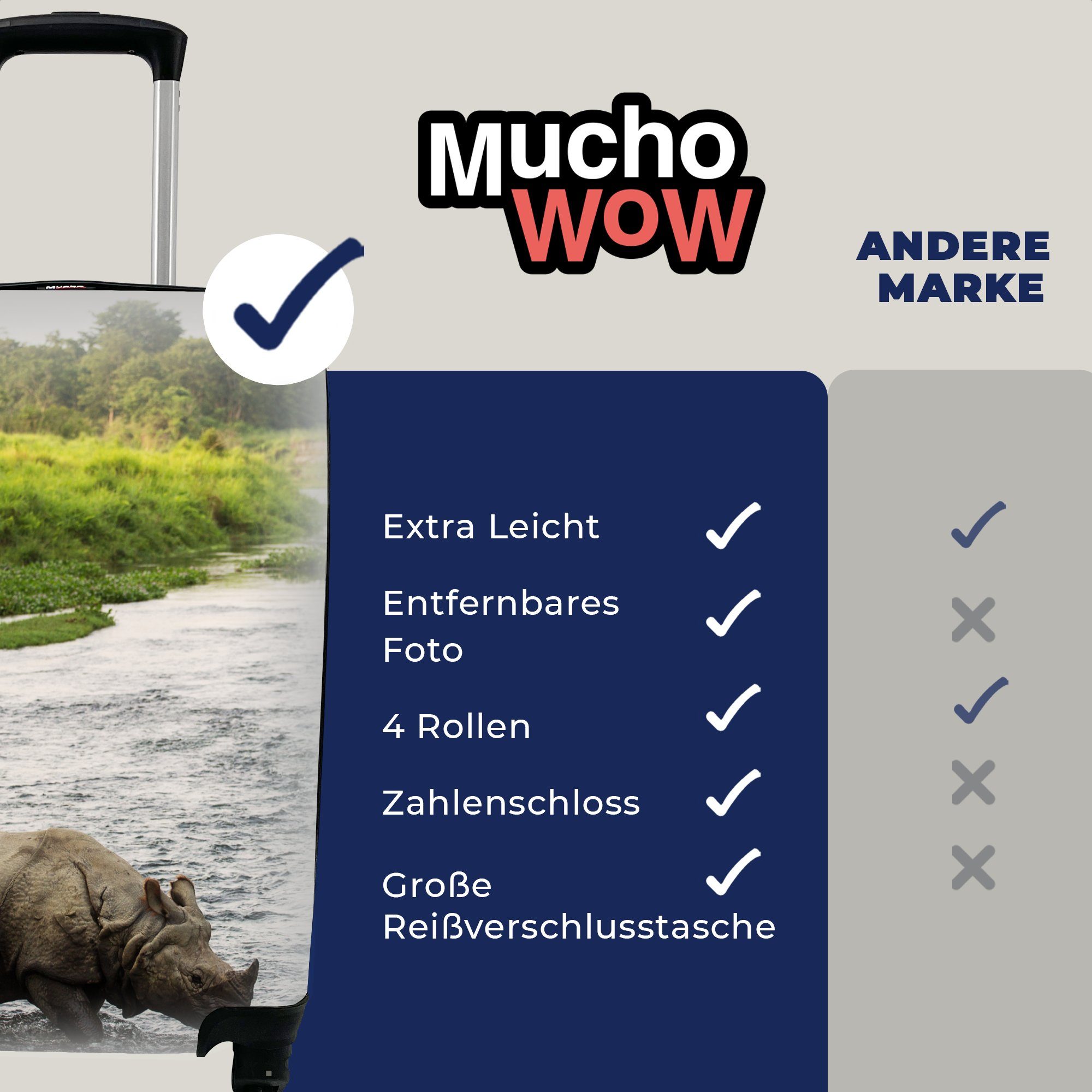 Handgepäck Reisetasche für Handgepäckkoffer Wasser, Ferien, Trolley, Rollen, rollen, MuchoWow Nashorn 4 mit Reisekoffer im