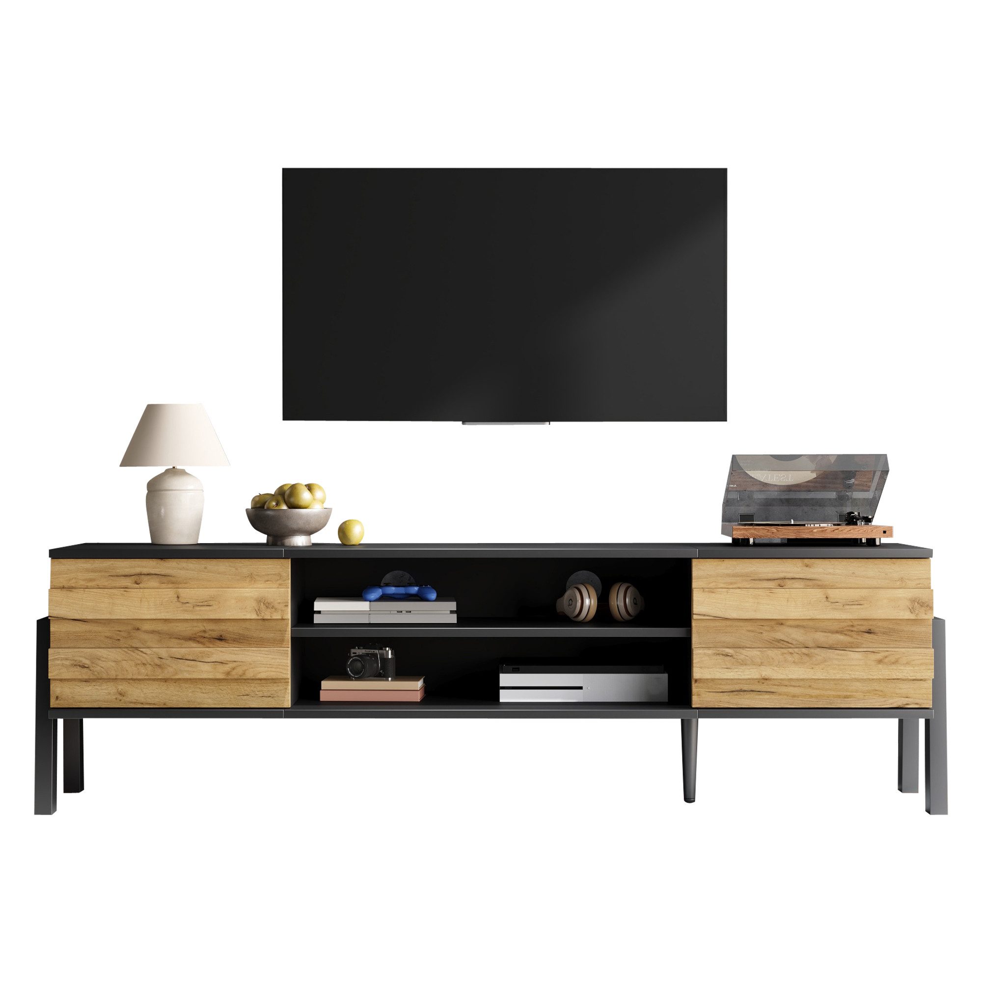 Lowboard TV-Schrank, TV Board mit 2 Schränke und Offener Lagerraum