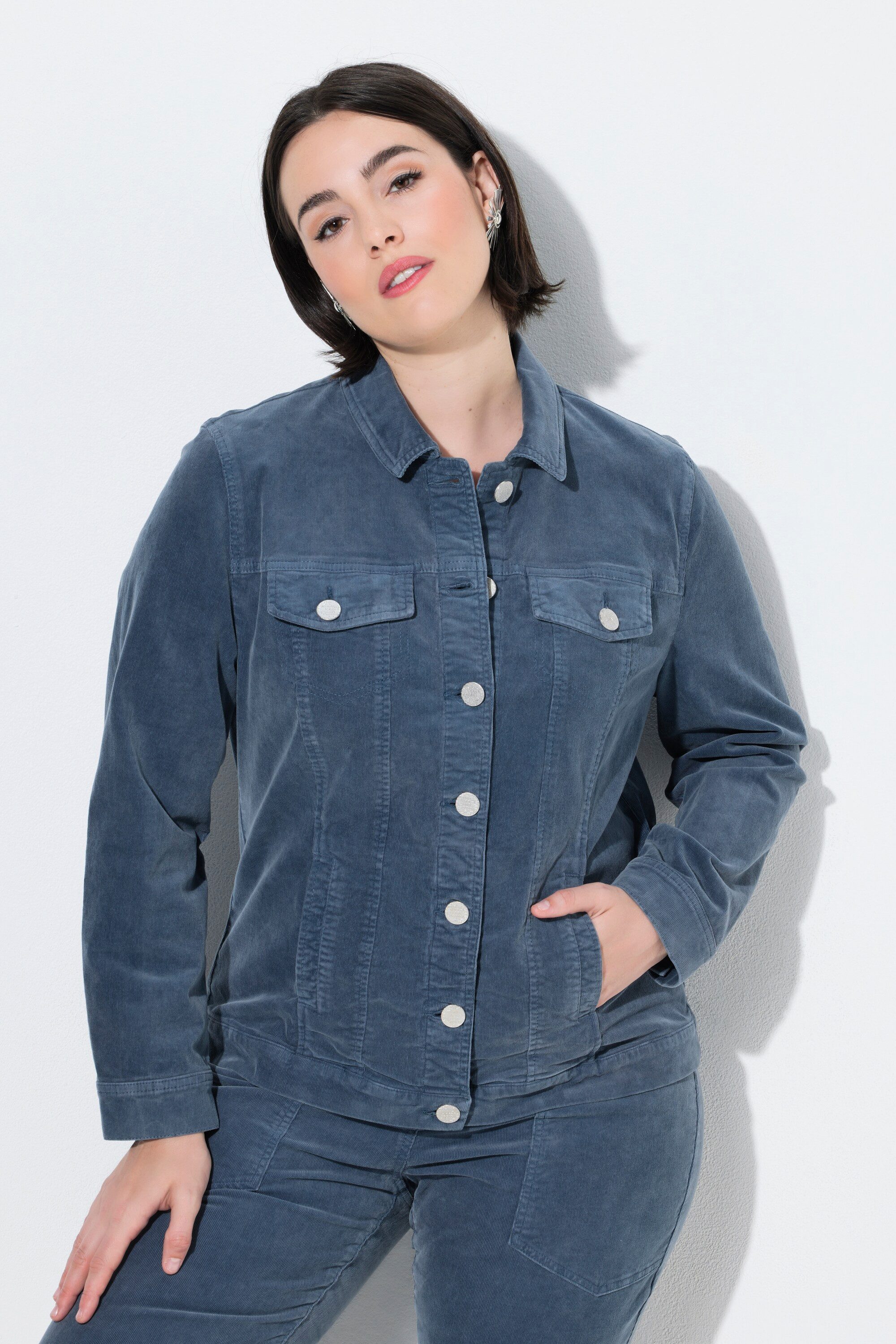 Ulla Popken Jeansjacke Cordjacke Knopfleiste Hemdkragen Langarm