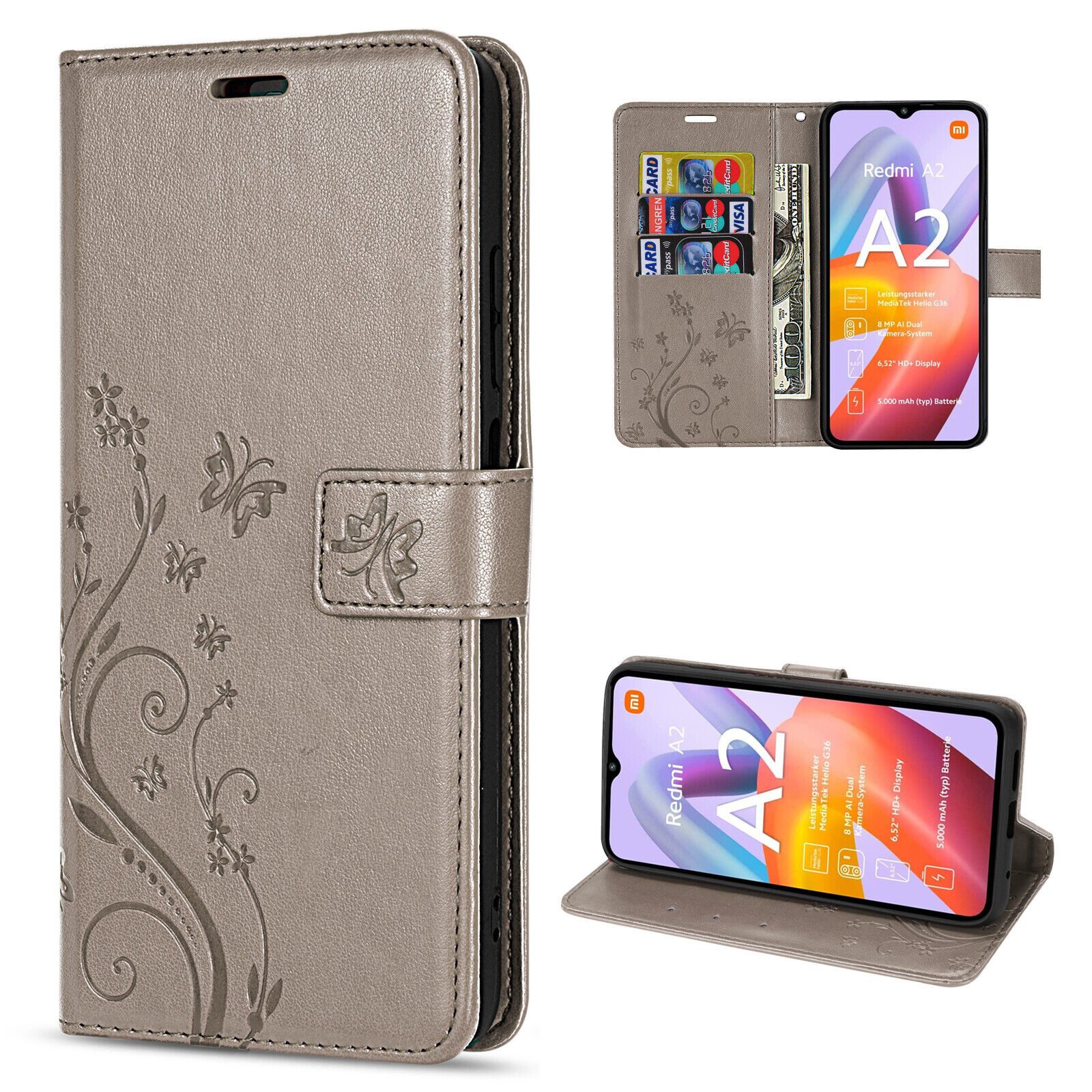 betterfon Handyhülle Handytasche für Xiaomi Redmi A2 Schutzhülle Klapphülle, Bookstyle-Hülle: Magnetverschluss 3 Kartenfächer & Standfunktion