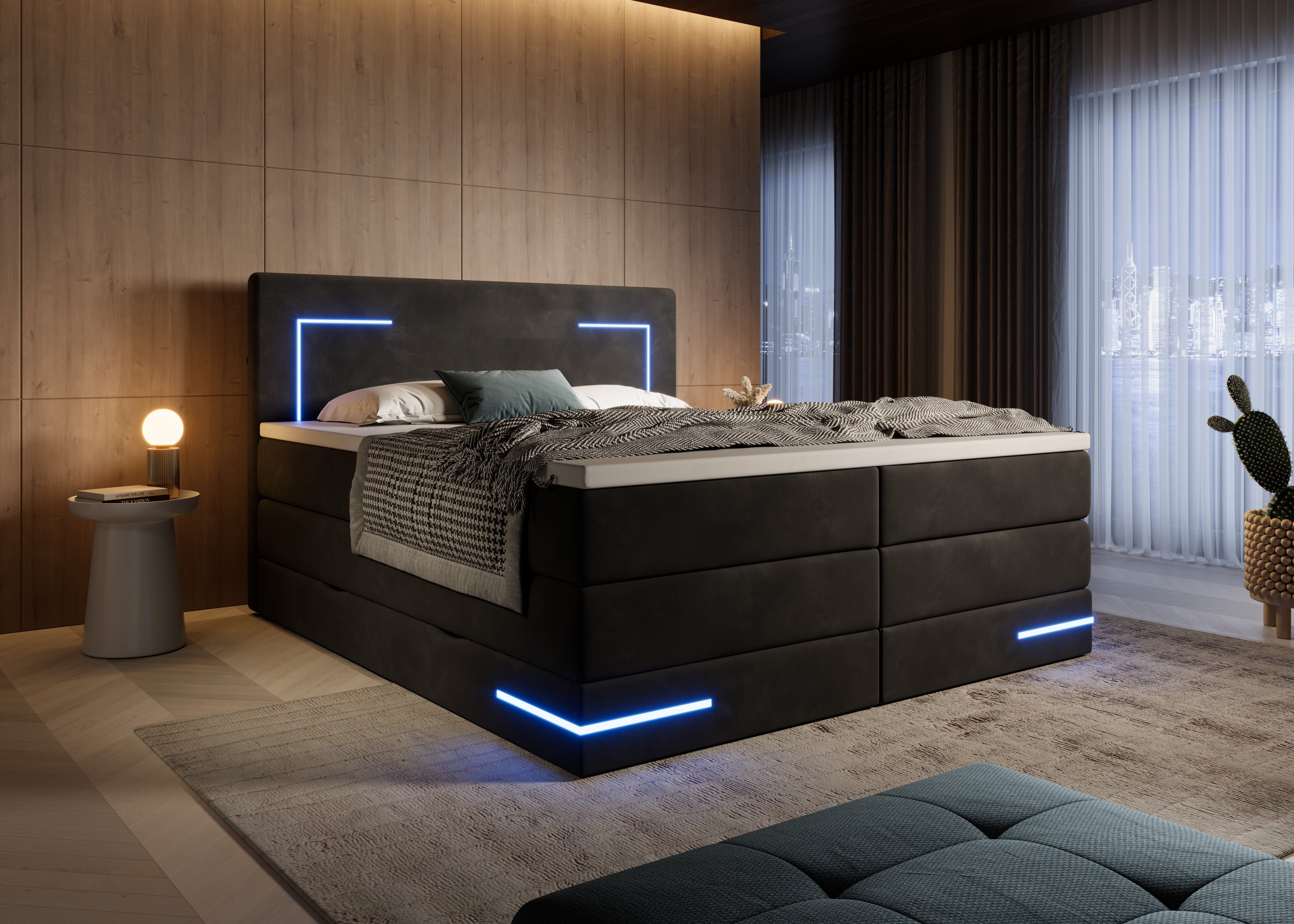 wonello Boxspringbett Detroit, mit LED Beleuchtung, Bettkasten und Topper Schwarz