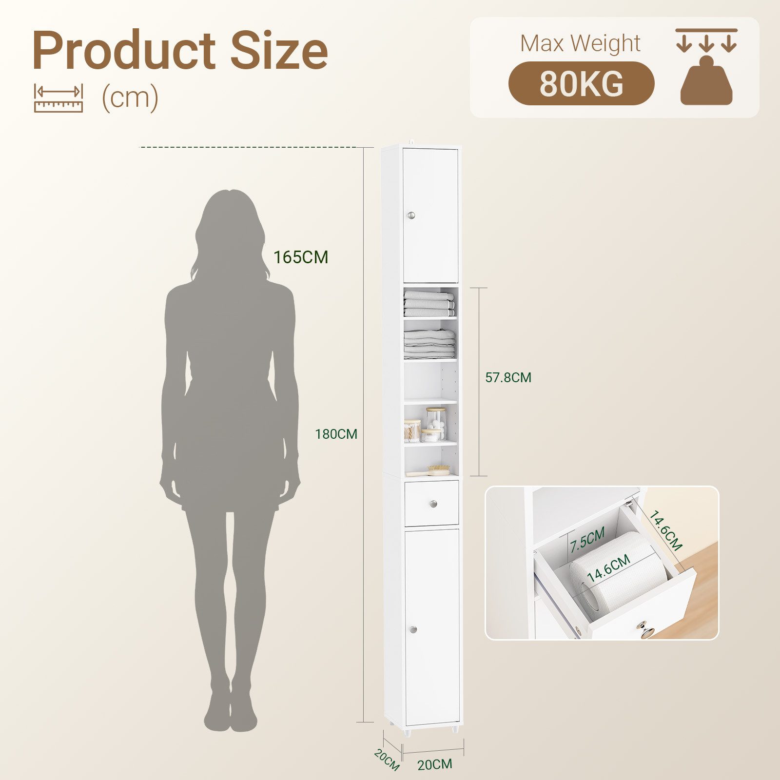 SoBuy Hochschrank BZR34, Badschrank schmal 20 cm, Badezimmerschrank, Hochschrank bad Badkommode, extra Stauraum für kleine Bäder, schlankes Design