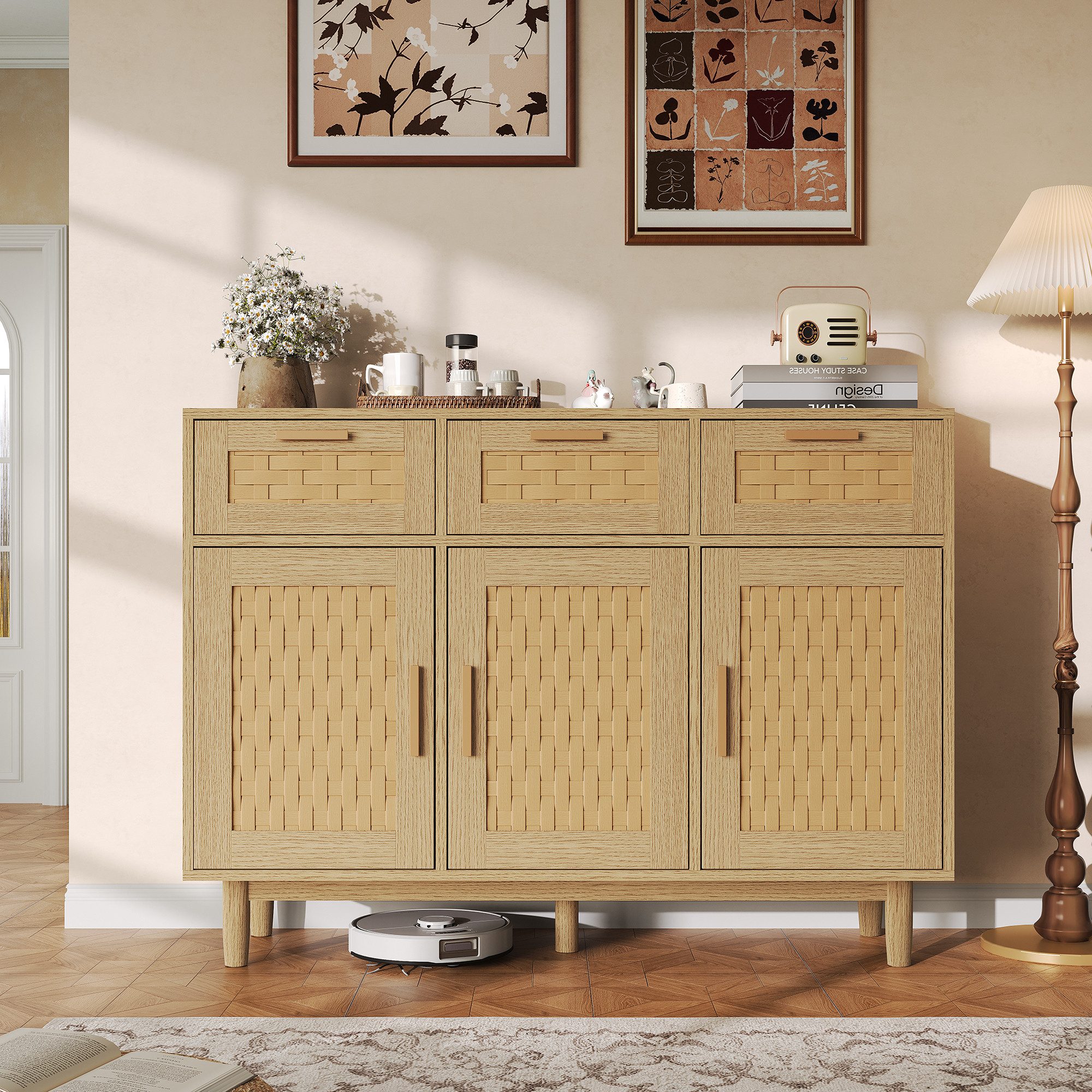 zebery Kommode Sideboard Buffetschrank aus Rattan, Holzbeine (Set, 1 St., Anrichte Küchenschrank mit 3 Schubladen und 3 Türen, Metallgriff), für Schlafzimmer, Wohnzimmer, Flur, 108x40x80cm, Schwarz