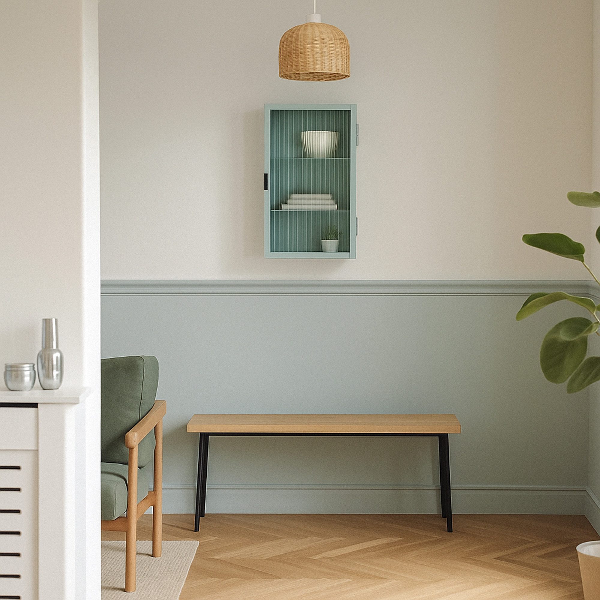 en.casa Hängeschrank »Zundert« 60 x 35 x 15 cm mit geriffelter Glastür Stahl Mintgrün – Bild 5 von 5