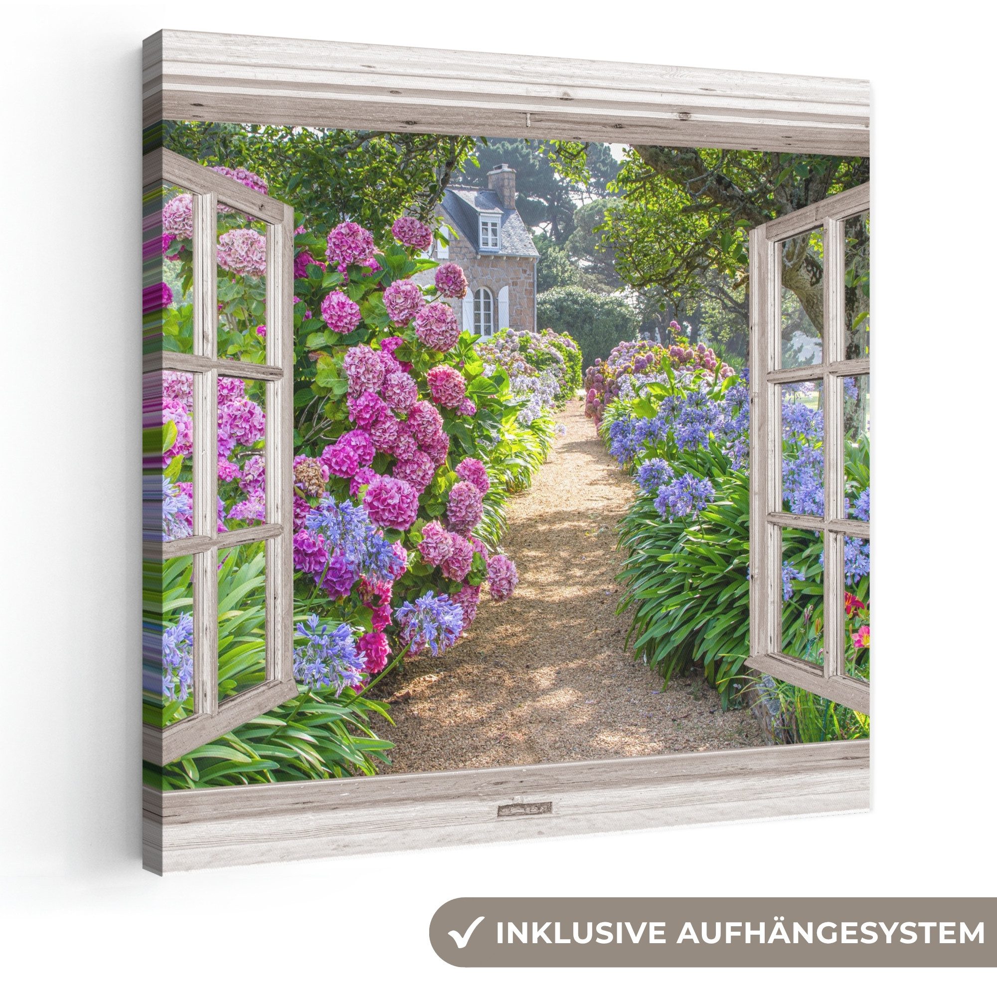 OneMillionCanvasses® Leinwandbild Hortensie - Fensterblick - Fenster - Blumen - Sommer - Lila - Weg, Fotodruck (1 St), Wandbild, Deko Schlafzimmer Wohnzimmer Flur 20x20 cm