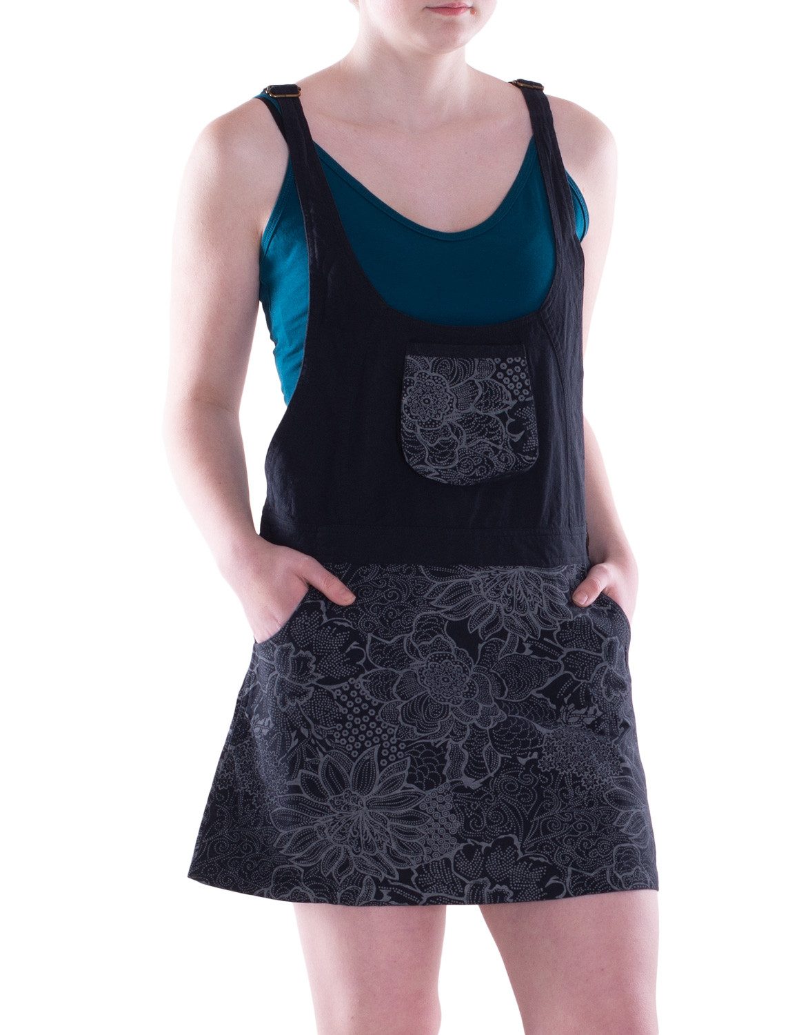 Vishes Sommerkleid Damen Mini-Kleid Baumwolle Paisley Latzkleid mit Taschen Alternative Bekleidung, Ethno, Hippie, Retro Style