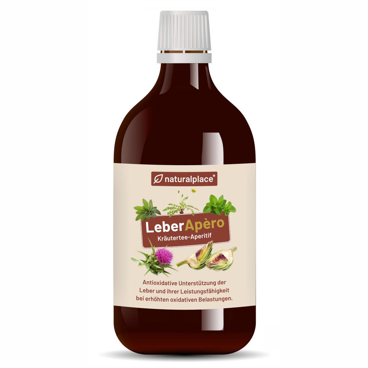naturalplace® LeberApèro - Kräutertee Aperitif zur Unterstützung der Lebergesundheit -Tropfen, 500 ml, aus Löwenzahnwurzel, Mariendistel, Artischocken, Salbei, Pfefferminze
