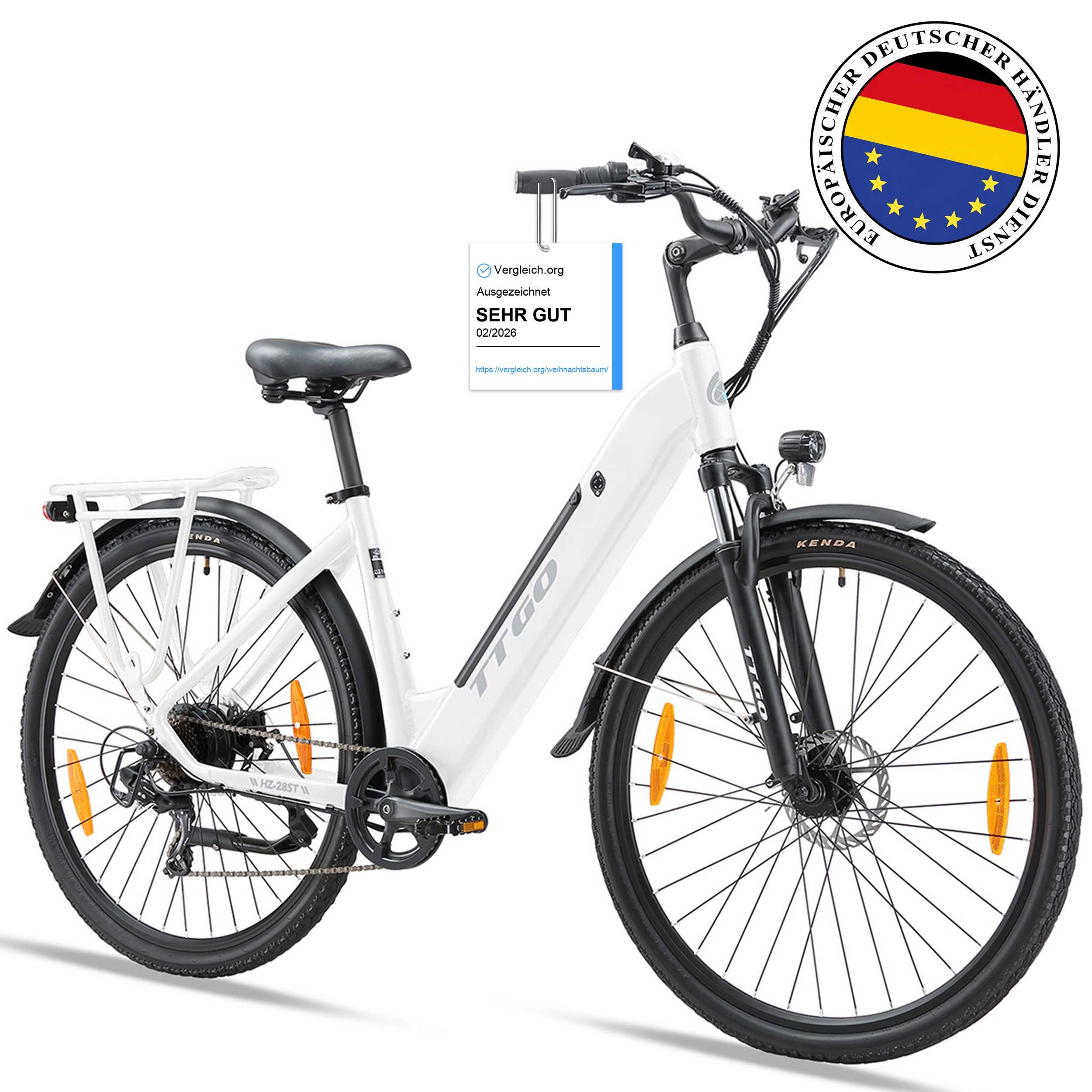TTGO E-Bike Cityrad HZ-28TS 28 Zoll mit Aluminium-Tiefenrahmen und Gepäckträger, Kettenschaltung, Heckmotor, 720 Wh, Elektrofahrrad E-bikes Schaltwerk, Citybike mit Scheibenbremse
