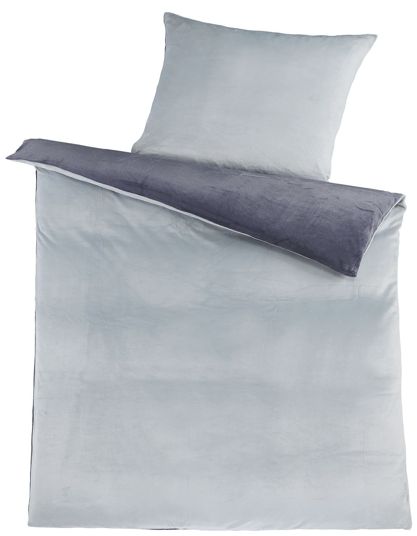 KH-Haushaltshandel Bettwäsche Winter Wende Bettwäsche Cashmere Touch, 135x200+80x80cm, Fleece, 2 teilig, silber+anthrazit grau, Plüsch Nicky, flauschig weiche Winterbettwäsche