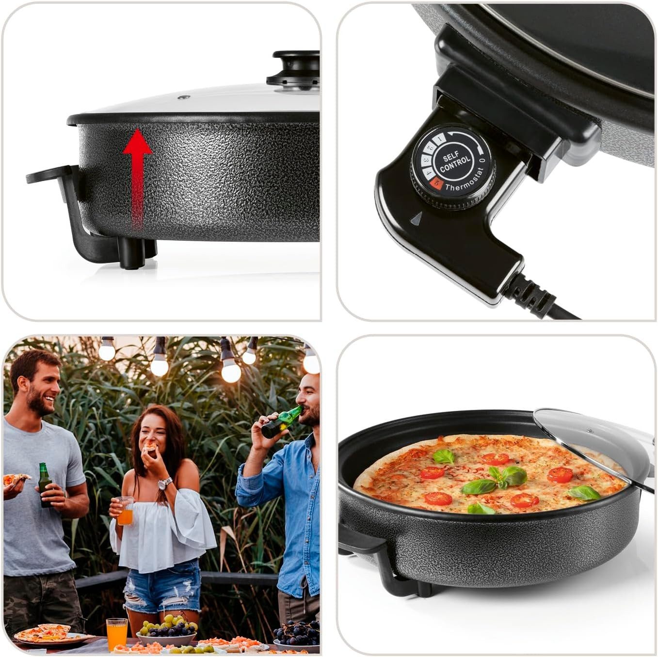 Royalty Line Elektrische Multipfanne Elektrische Multi-Pizza-Party-Grill-Pfanne Elektropfanne, 1500 W