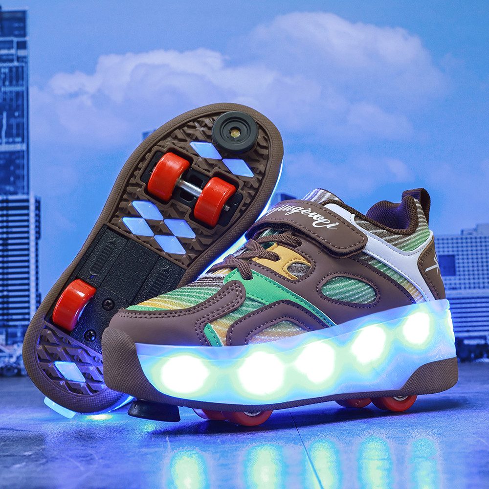 HUSK'SWARE Rollschuhe 4 Rollen mit Bremse & Auto-Knopf, Farbwechsel-Leuchte, (LED-Beleuchtung mit Farbwechsel – Cool & Auffällig), Verstellbarer Klettverschluss – Fester Sitz & Individuelle Passform