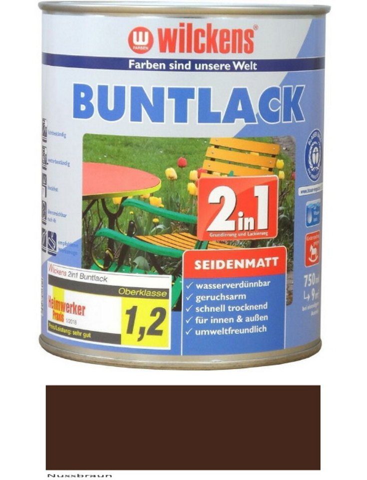 Wilckens Farben Lack 2in1 Buntlack 750 ml Seidenmatt Nussbraun RAL 8011 Nussbraun seidenmatt