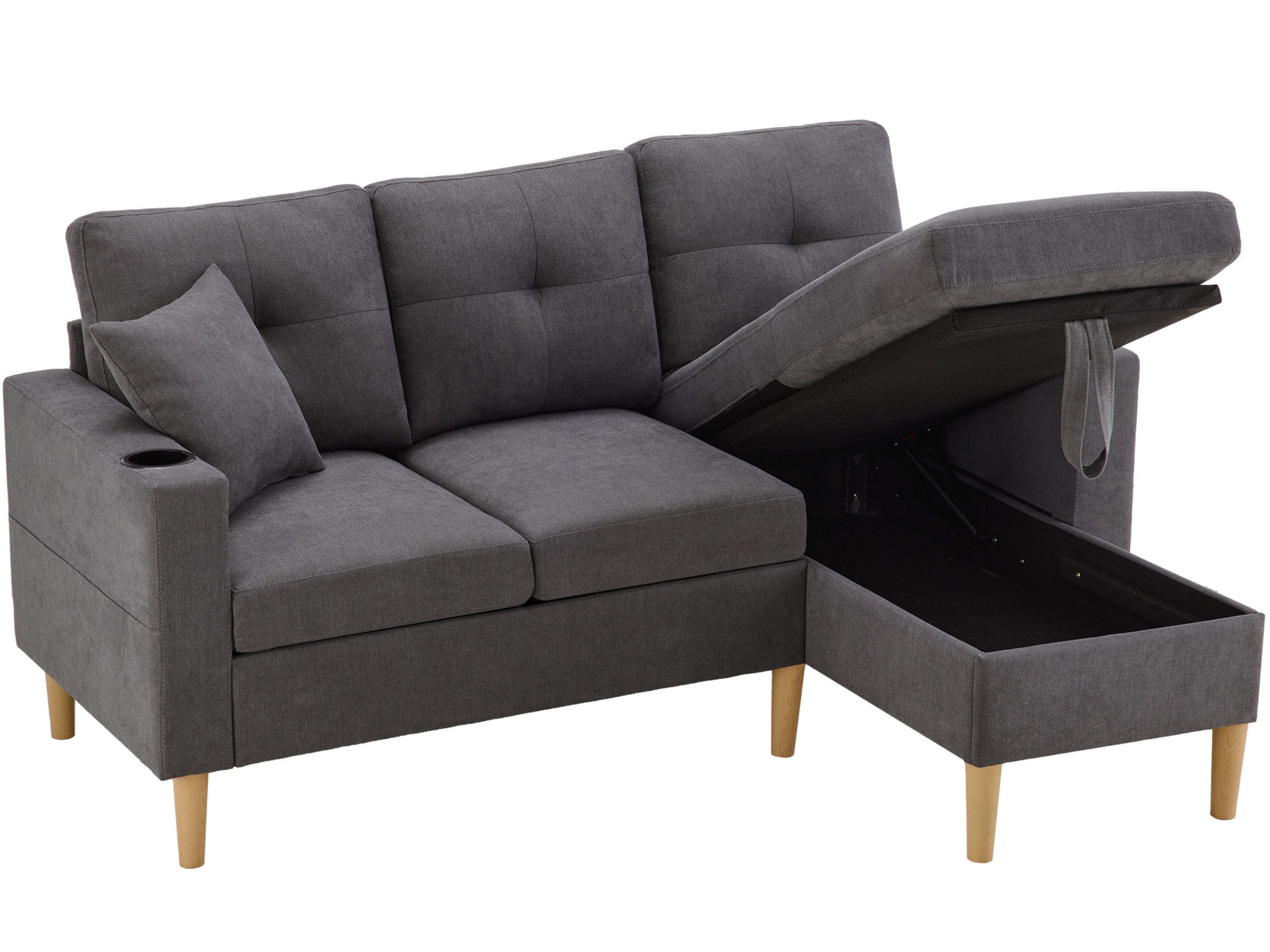 SeedWave Sofa 3 Sitzer Ecksofa L-Förmige Couch mit Unterem Stauraum, Becherhaltern, Eckcouch mit Seitentaschen, 2 Kissen