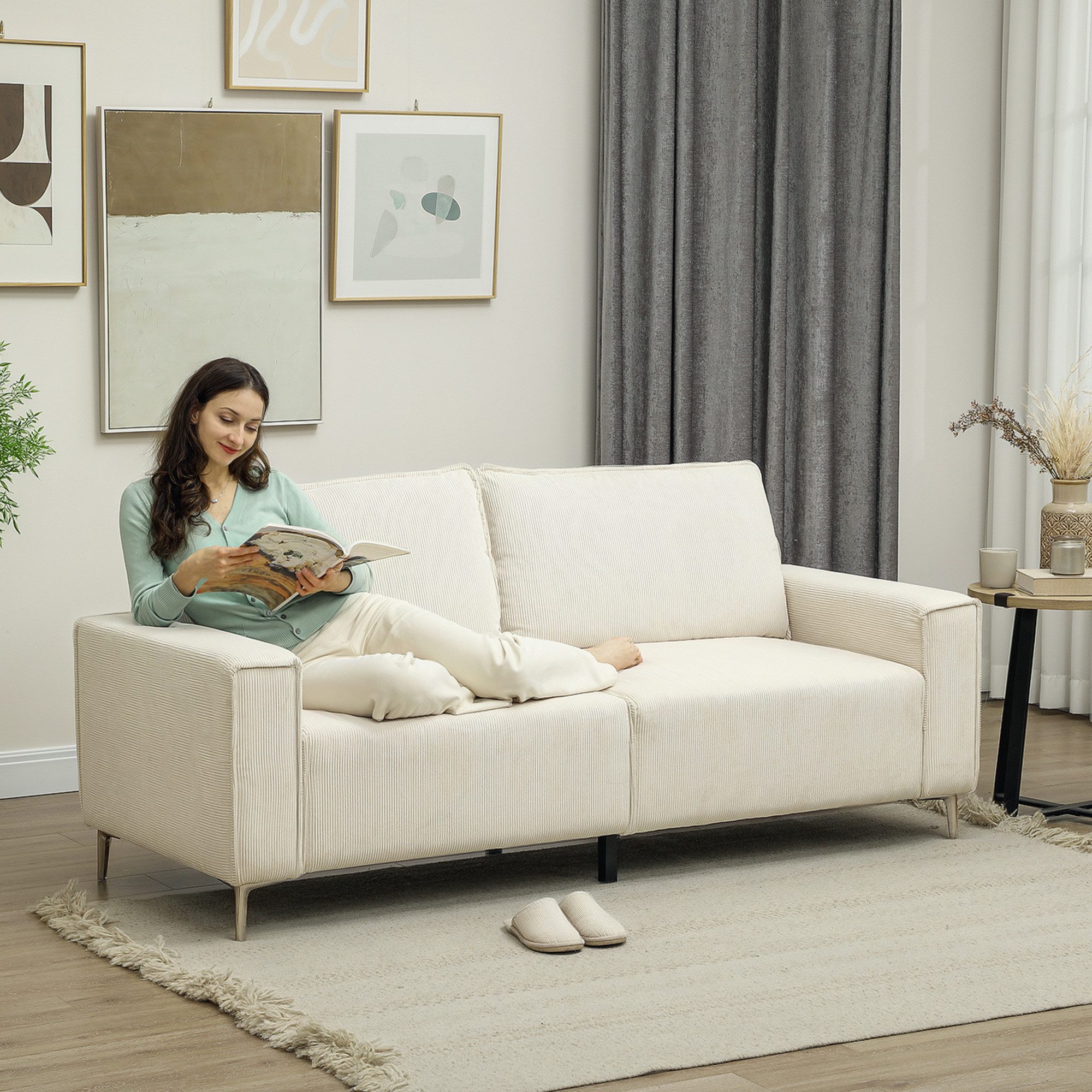 HOMCOM 3-Sitzer Sofa, Couch mit Armlehnen, Rückenkissen, mit Cordbezug, Federkern, Wohnzimmersofa 1 Teile, für Wohnzimmer, Schlafzimmer 193 x 77 x 80 cm, Cremeweiß